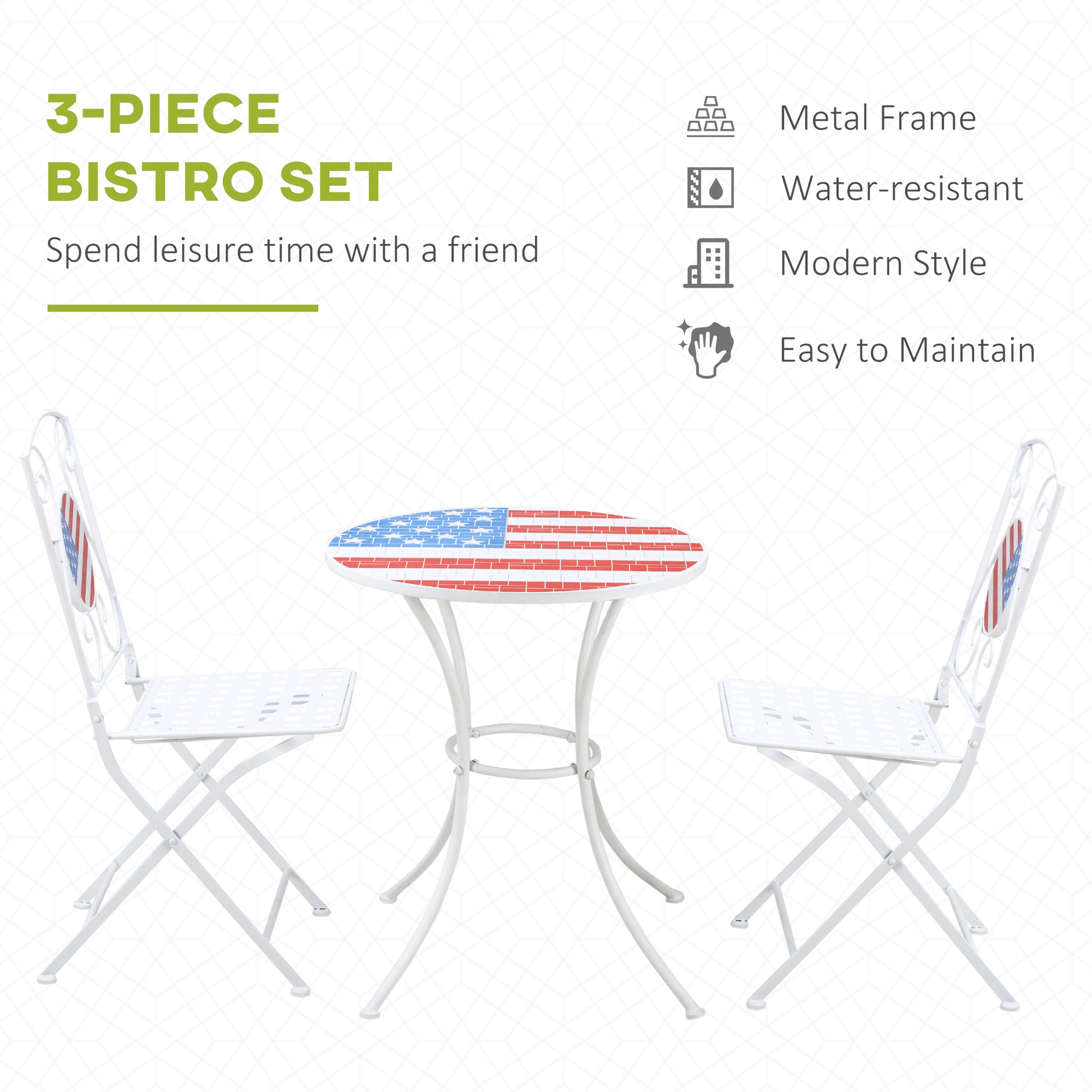3 Piece Patio Bistro Set, Folding Outdoor Furniture With Usa Mosaic Table And Chairs, Portable Metal Frames For 4Th Of July, Balcony, Backyard, Poolside, Porch, American Flag White Metal