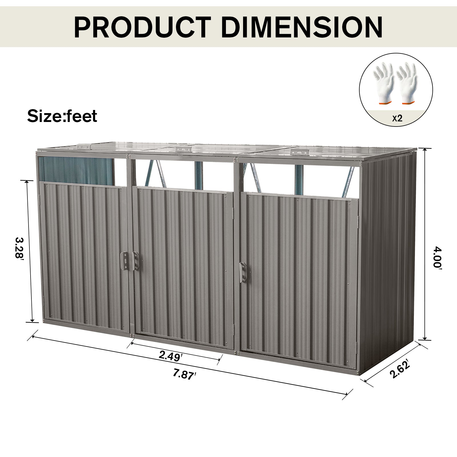 Garbage Bin Shed Stores 3 Trash Cans Metal Outdoor Bin Shed For Garbage Storage,Stainless Galvanized Steel, Bin Shed For Garden Yard Lawn,Grey Grey Iron
