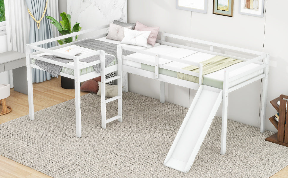 L Shaped Twin Size Loft Bed With Ladder And Slide, White White Solid Wood Mdf