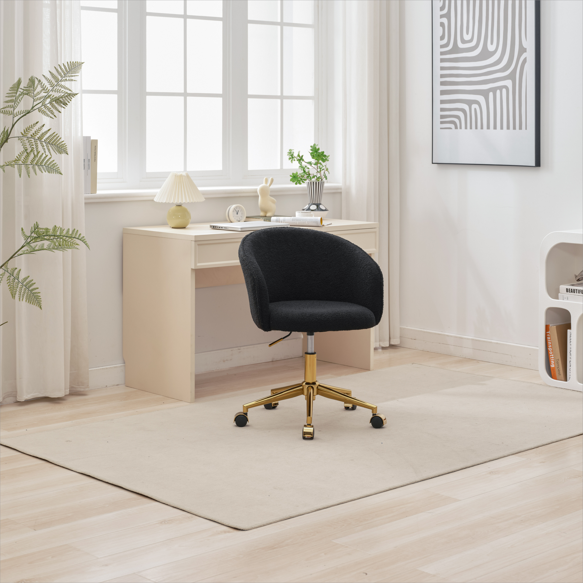 Hengming Golden Foot Office Chair, Modern Armchair, Height Adjustable, Rotary Cosmetic Chair, For Bedroom,Set Of 1 Black Wool