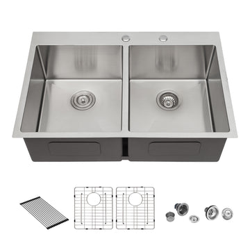 Double Bowl 50 50 Drop In Sink 33"X22"X10" Stainless Steel Kitchen Sink 16 Gauge With Two 10" Deep Basin Brushed Nickel Stainless Steel