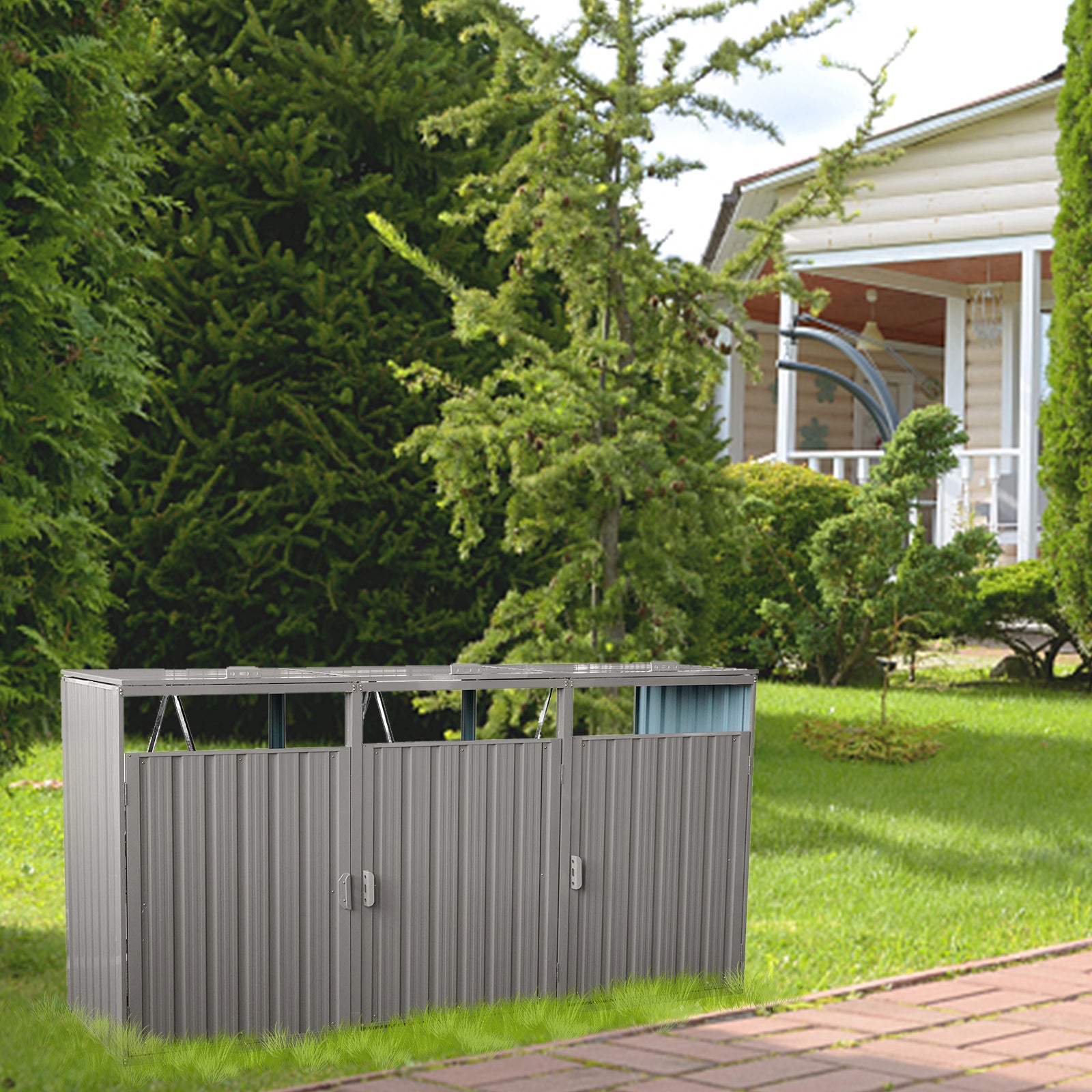 Garbage Bin Shed Stores 3 Trash Cans Metal Outdoor Bin Shed For Garbage Storage,Stainless Galvanized Steel, Bin Shed For Garden Yard Lawn,Grey Grey Iron