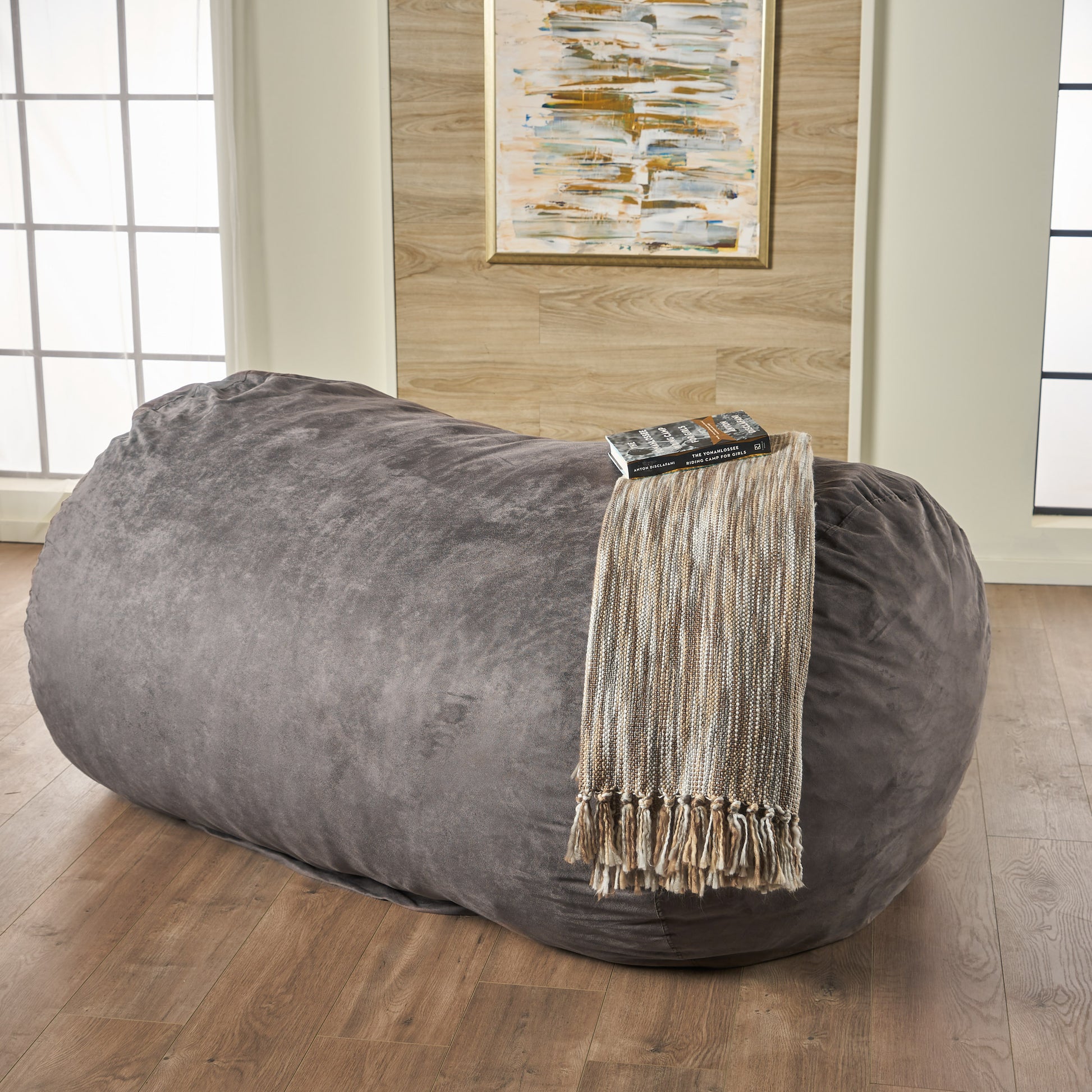 Asher Soft Microfiber Suede 6.5 Ft Cylinder Bean Bag Charcoal Pvc