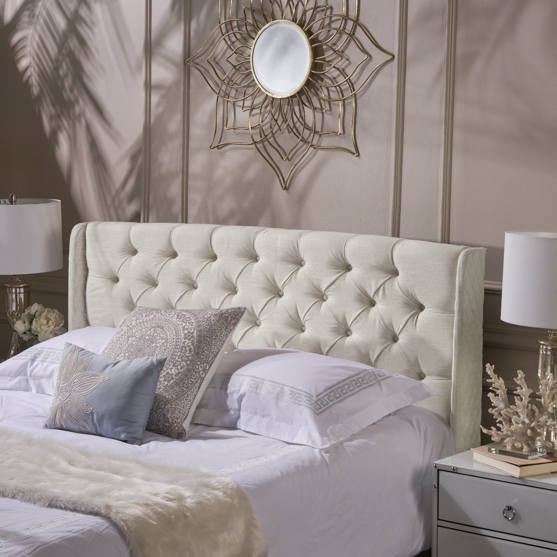 Lidia Wing Headboard Beige Fabric