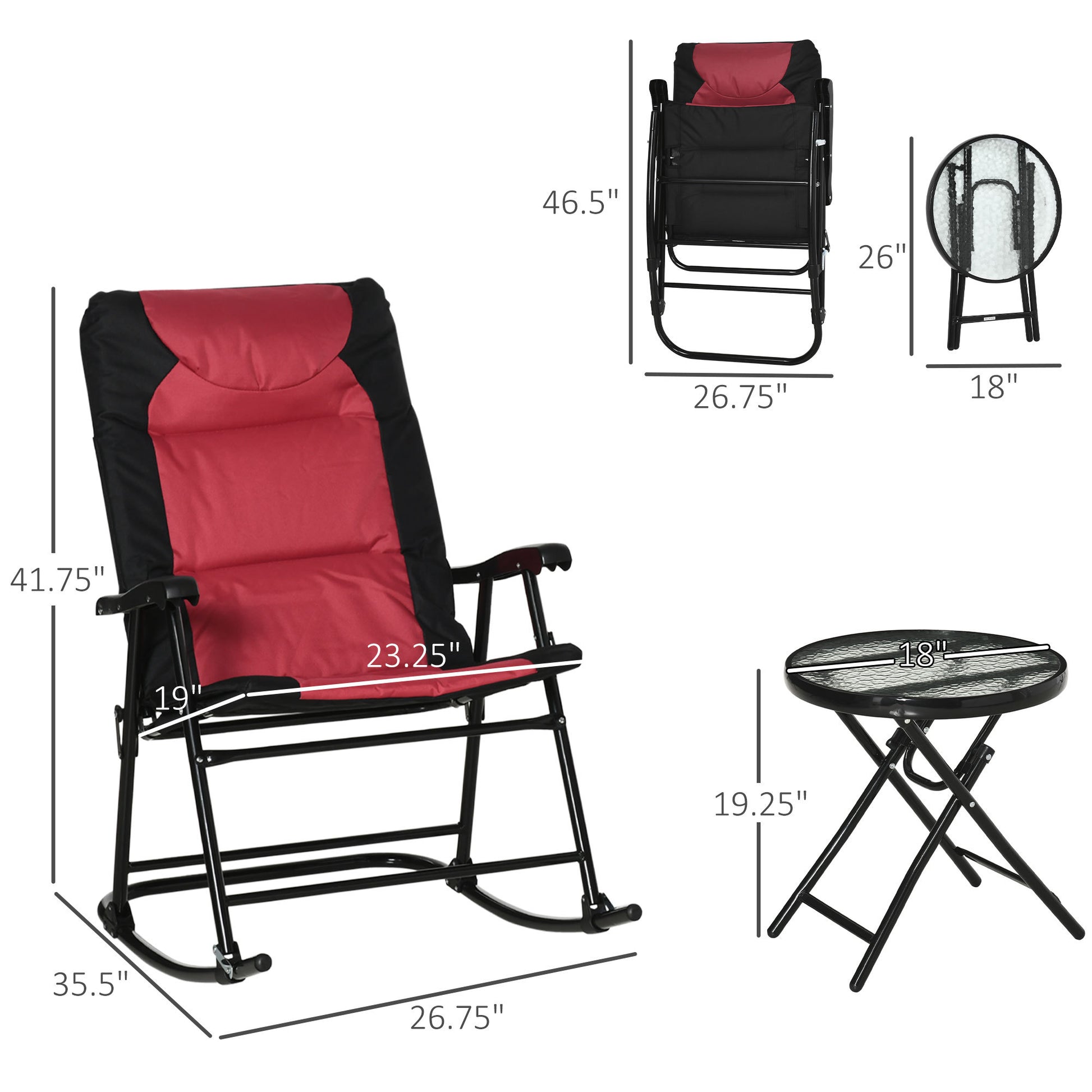 3 Piece Outdoor Patio Furniture Set With Glass Coffee Table & 2 Folding Padded Rocking Chairs, Bistro Style For Porch, Camping, Balcony, Red Red Metal