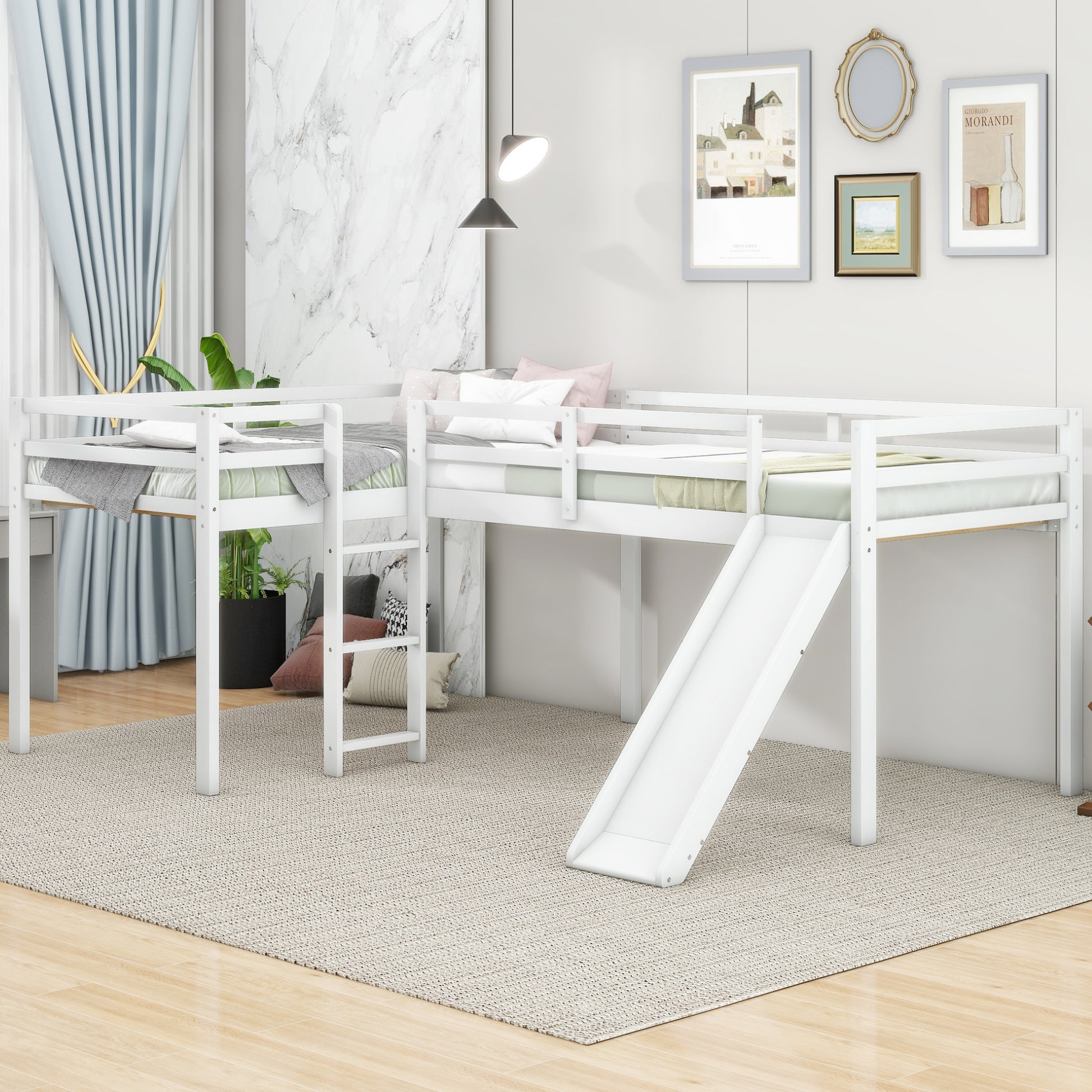 L Shaped Twin Size Loft Bed With Ladder And Slide, White White Solid Wood Mdf