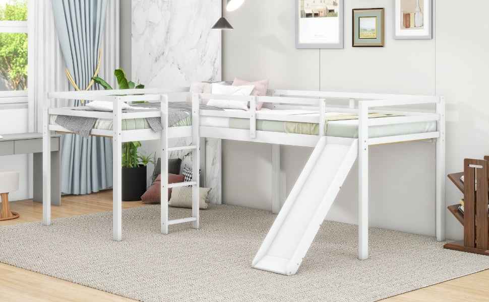 L Shaped Twin Size Loft Bed With Ladder And Slide, White White Solid Wood Mdf