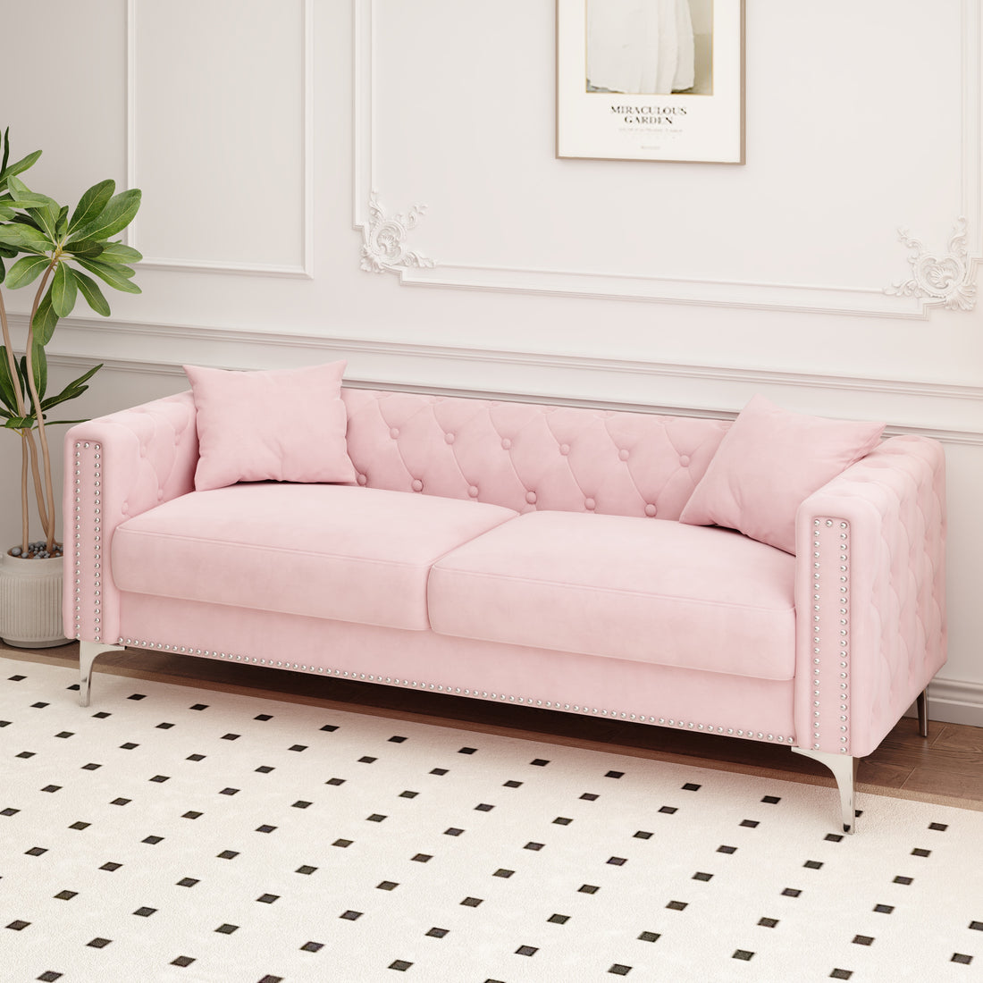 Sofa Includes 2 Pillows, 83 "Pink Velvet Triple Sofa, Suitable For Large And Small Spaces Pink Velvet