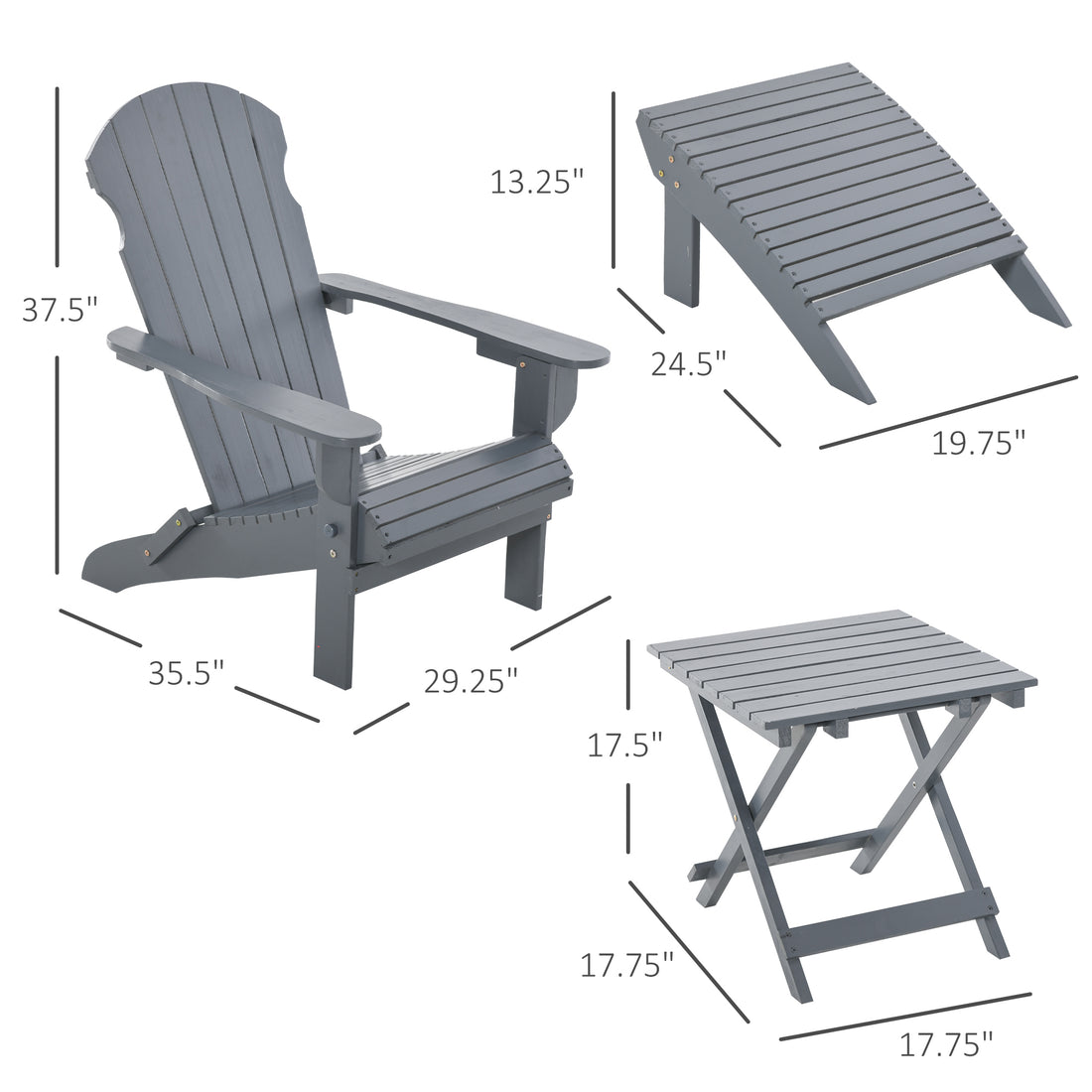 3 Piece Folding Adirondack Chair With Ottoman And Side Table, Outdoor Wooden Fire Pit Chairs W High Back, Wide Armrests For Patio, Backyard, Garden, Lawn Furniture, Gray Gray Wood