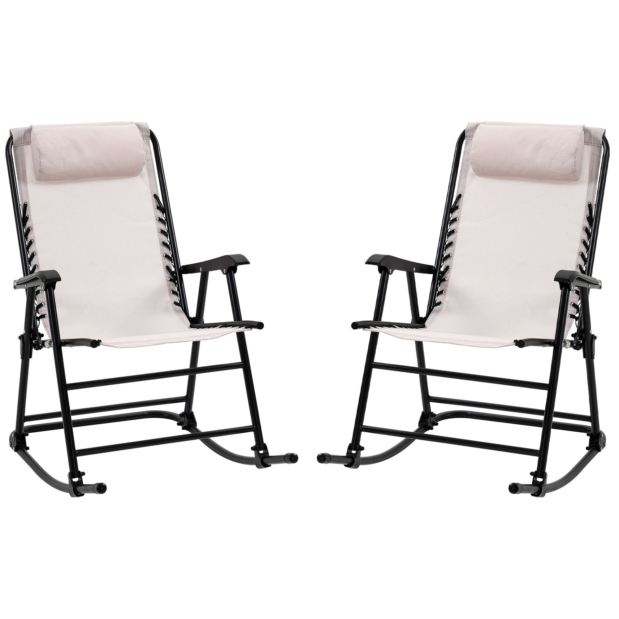 Oversized Folding Rocking Camping Chair Set Of 2, Outdoor Rockers With Headrests, Zero Gravity Bungee Lawn Chairs For 2 Adults, Cream White White Steel