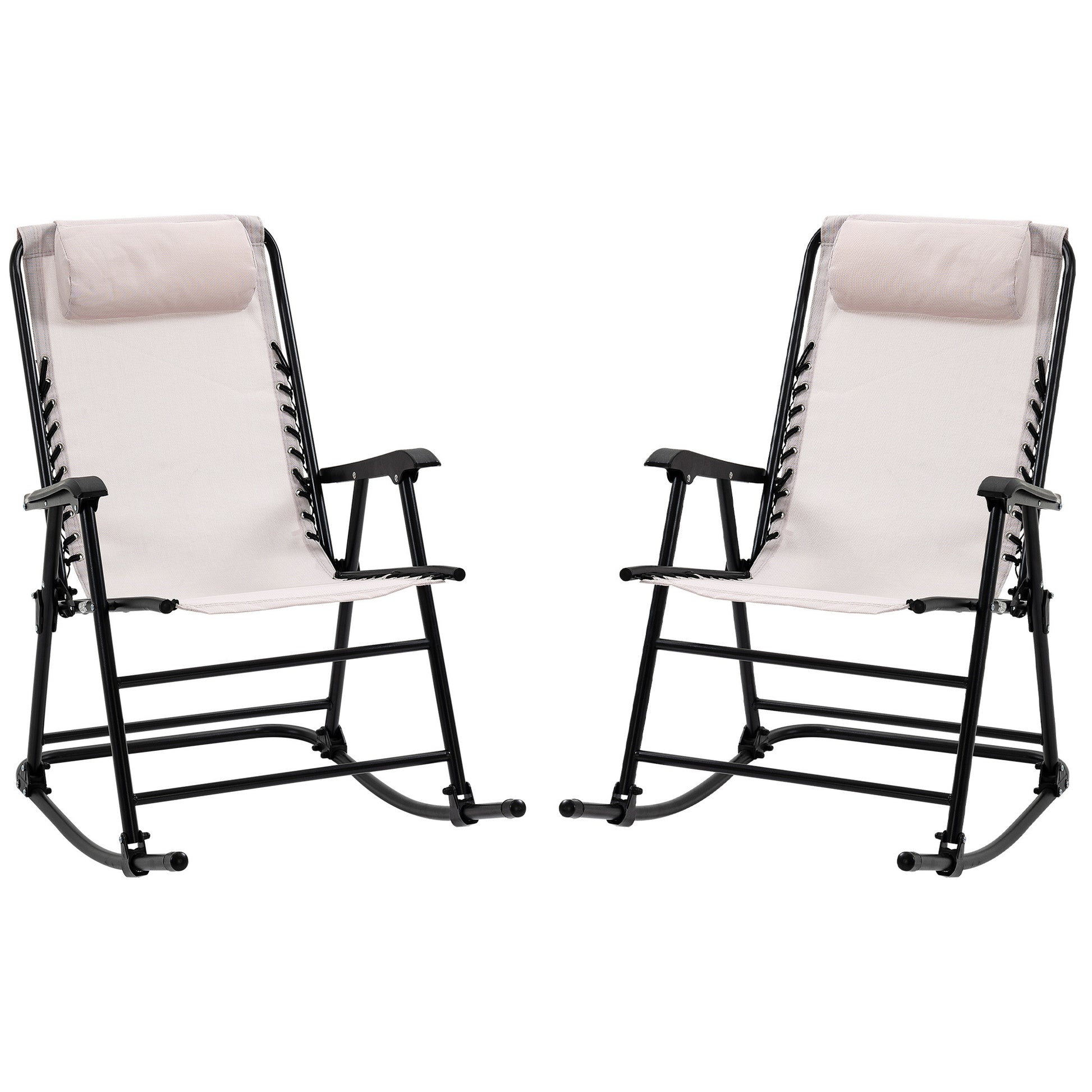 Oversized Folding Rocking Camping Chair Set Of 2, Outdoor Rockers With Headrests, Zero Gravity Bungee Lawn Chairs For 2 Adults, Cream White White Steel