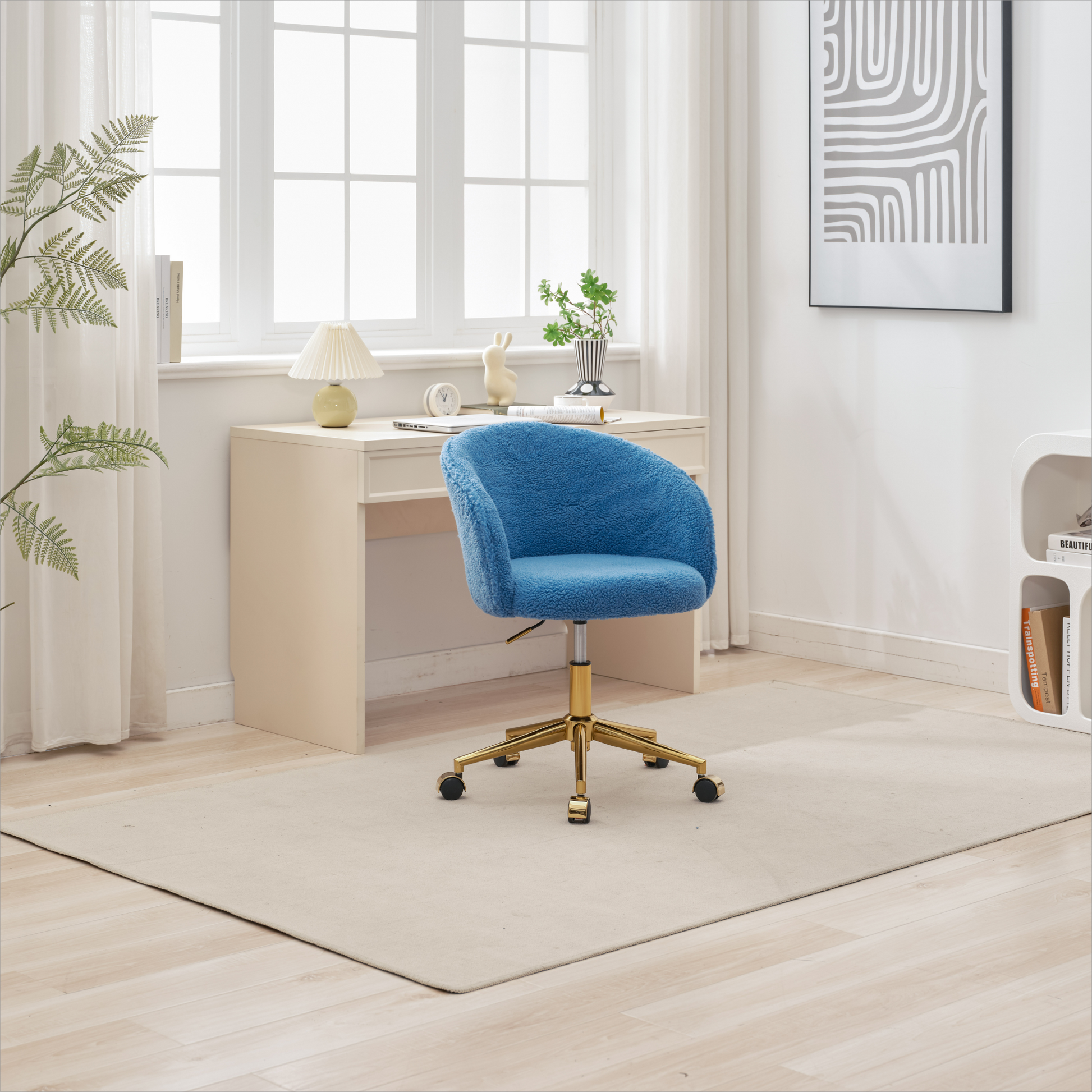 Hengming Golden Foot Office Chair, Modern Armchair, Height Adjustable, Rotary Cosmetic Chair, For Bedroom,Set Of 1 Blue Wool