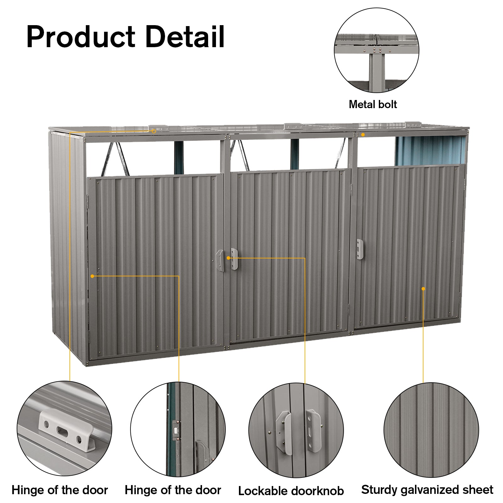 Garbage Bin Shed Stores 3 Trash Cans Metal Outdoor Bin Shed For Garbage Storage,Stainless Galvanized Steel, Bin Shed For Garden Yard Lawn,Grey Grey Iron