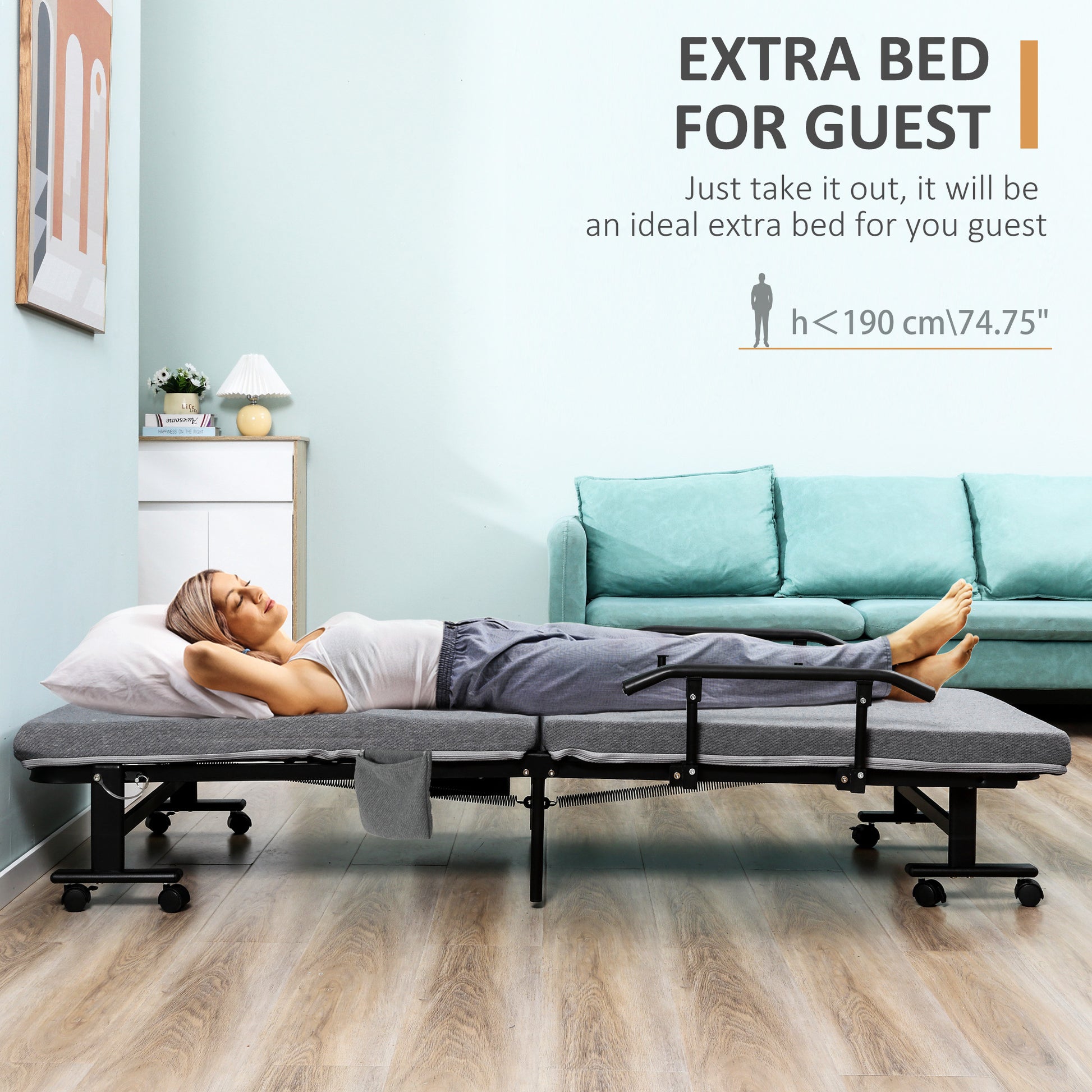 Rollaway Bed, Folding Bed With 3.25" Mattress, Portable Foldable Guest Bed With Adjustable Backrest, And Metal Frame On Wheels, Dark Grey Dark Grey Steel