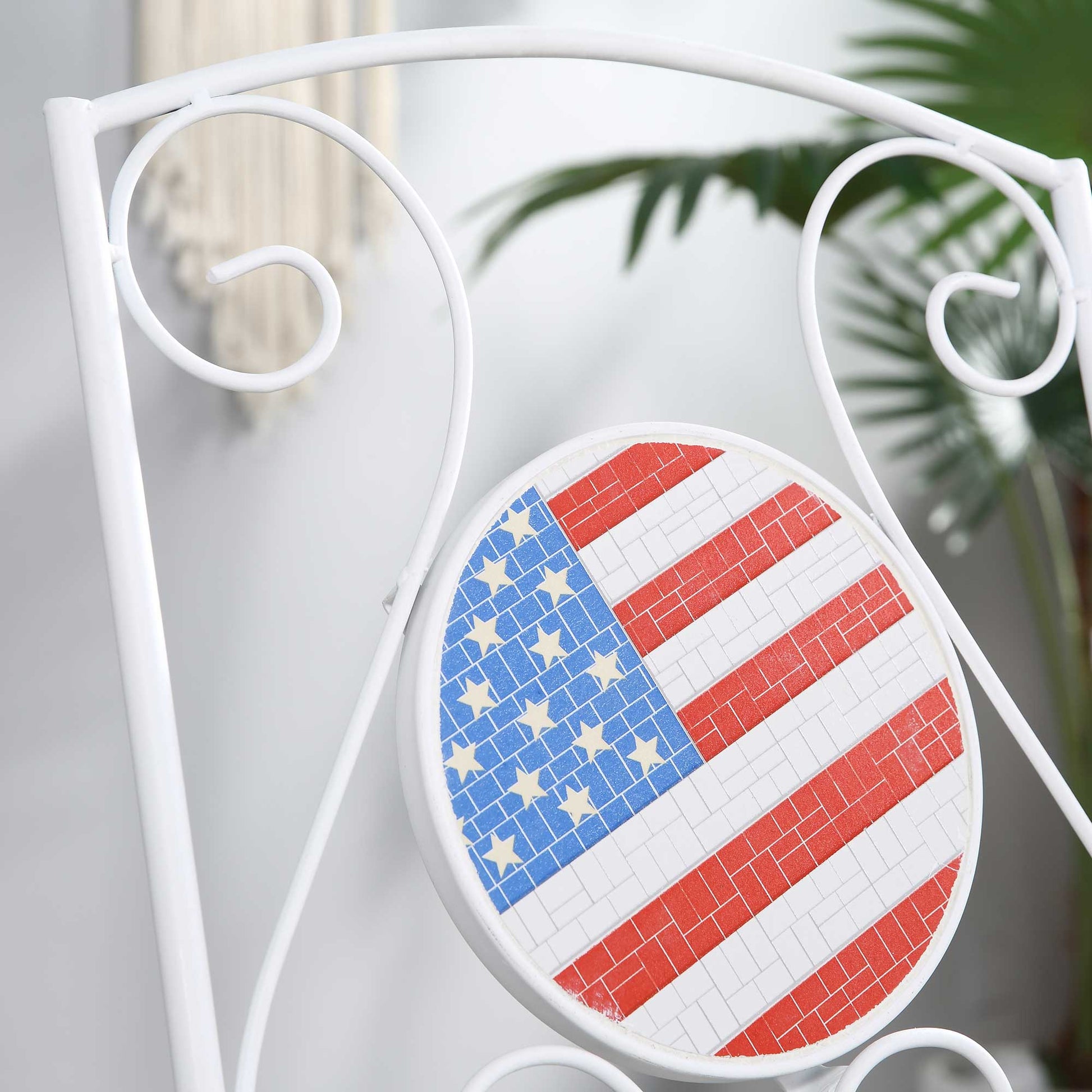 3 Piece Patio Bistro Set, Folding Outdoor Furniture With Usa Mosaic Table And Chairs, Portable Metal Frames For 4Th Of July, Balcony, Backyard, Poolside, Porch, American Flag White Metal