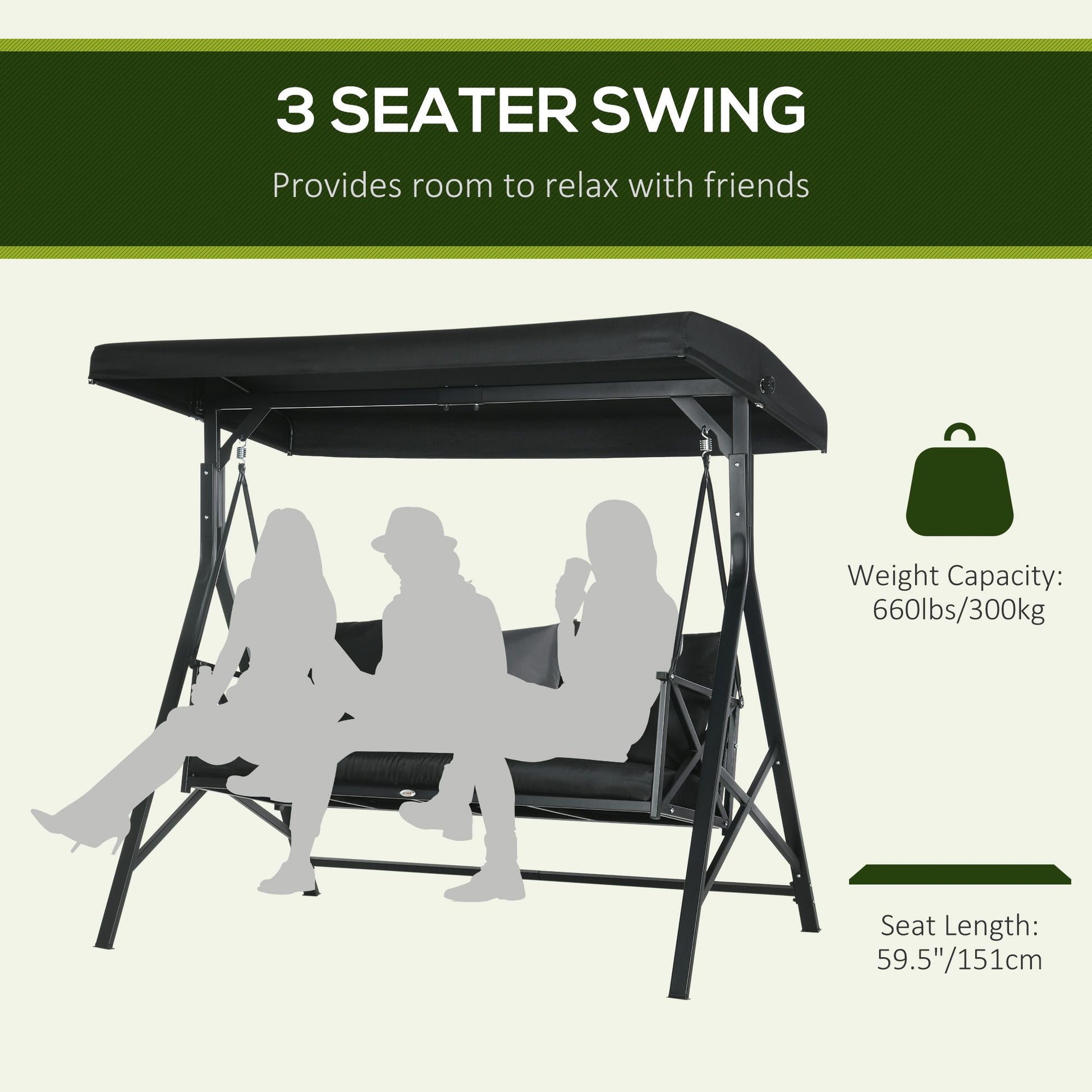3 Seat Patio Swing Chair, Porch Swing Glider With Cushion, 3 Throw Pillows & Adjustable Canopy For Porch, Garden, Poolside, Backyard, Black Black Steel