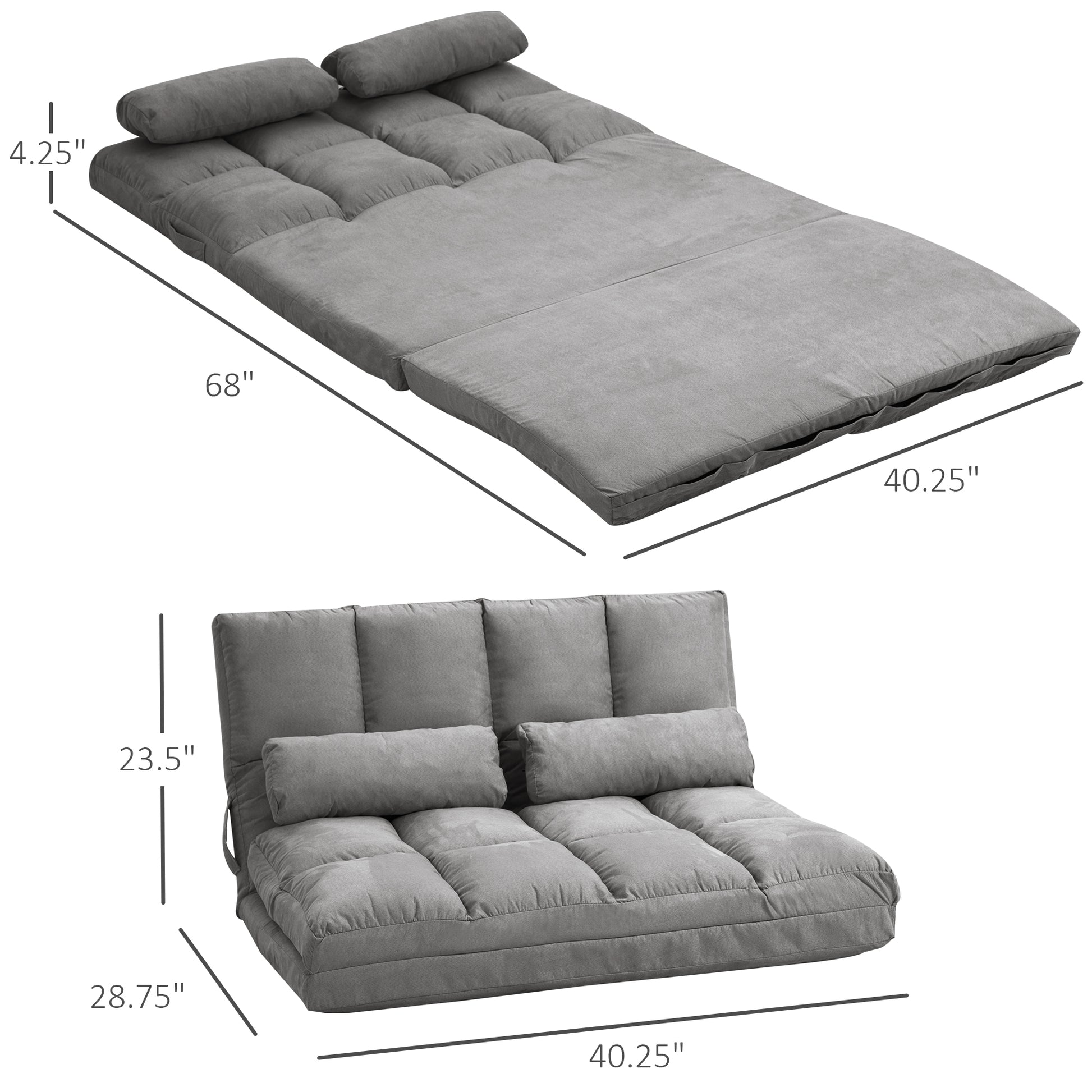 Convertible Floor Sofa Chair, Folding Couch Bed, Guest Chaise Lounge With 2 Pillows, Adjustable Backrest And Headrest, Dark Gray Dark Gray Polyester