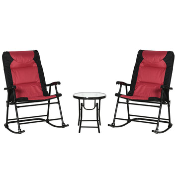 3 Piece Outdoor Patio Furniture Set With Glass Coffee Table & 2 Folding Padded Rocking Chairs, Bistro Style For Porch, Camping, Balcony, Red Red Metal