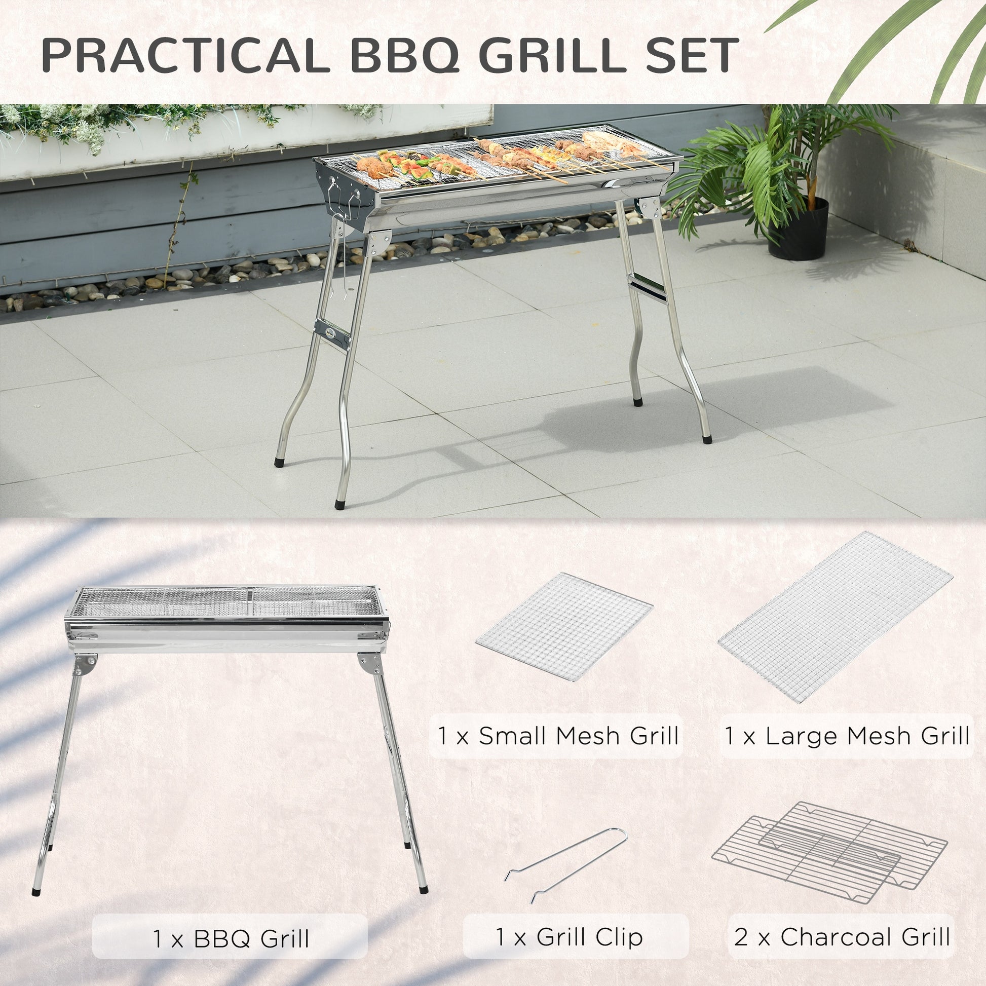 Portable Charcoal Grill, Stainless Steel Folding Outdoor Bbq Grill For Backyard Cooking, Camping, Picnic, Party, Tailgating And Travel With Pan, Grill Rack, Shelves, Hooks Silver Metal