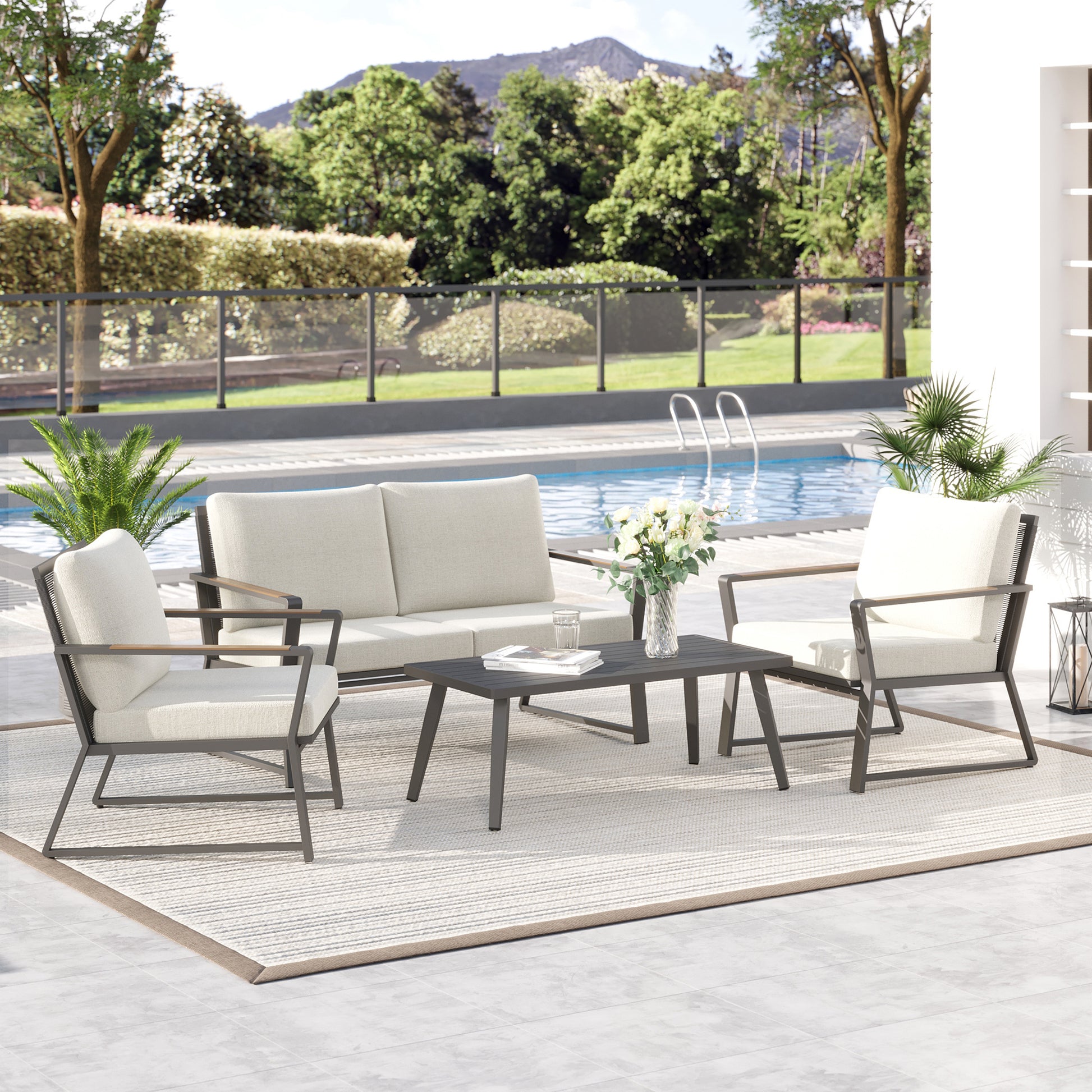 4 Piece Patio Furniture Set, Aluminum Conversation Set, Outdoor Garden Sofa Set With Armchairs, Loveseat, Center Coffee Table And Cushions, Cream White White Metal