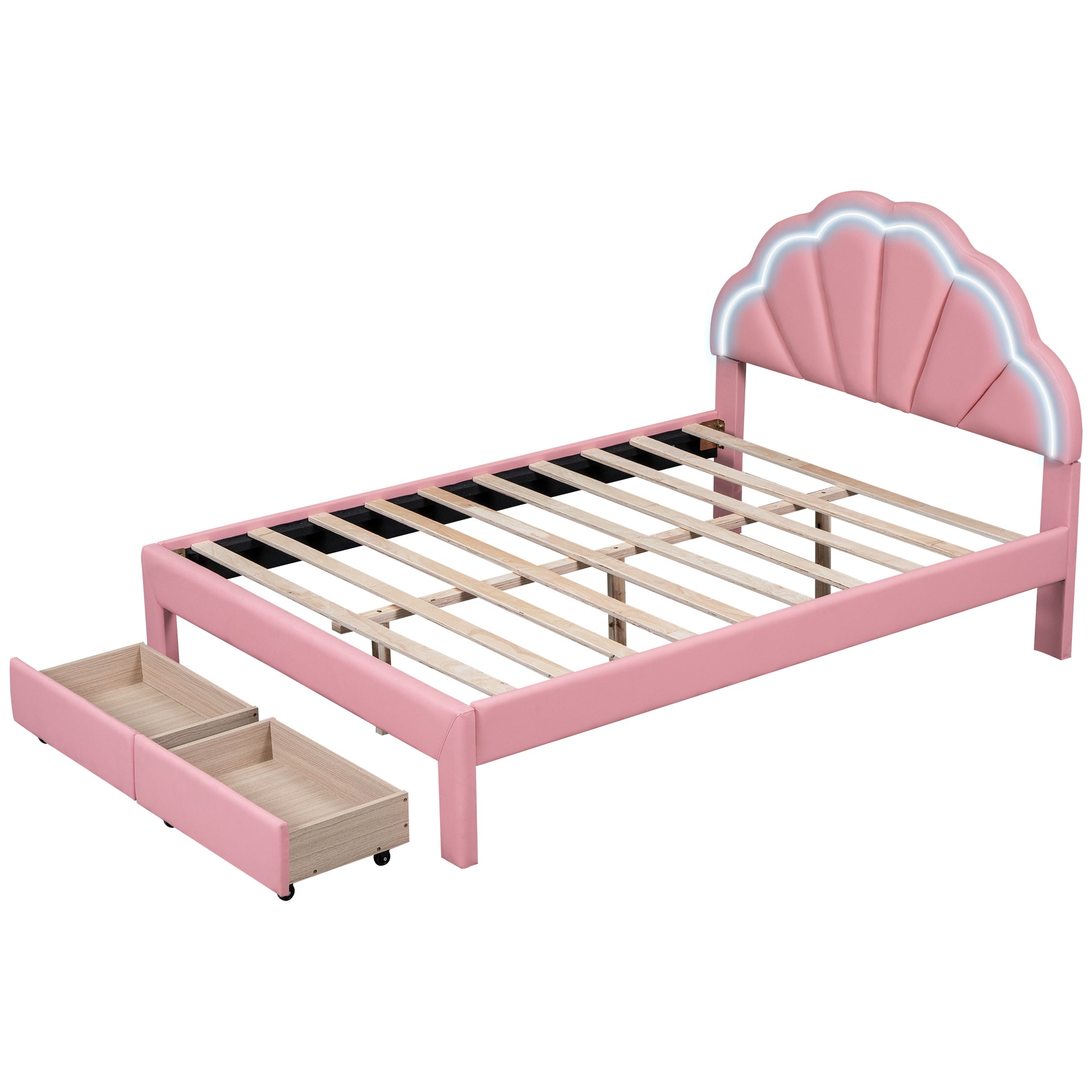 Full Size Upholstered Platform Bed With Seashell Shaped Headboard, Led And 2 Drawers, Pink Box Spring Not Required Full Pink Wood Bedroom Bed Frame Faux Leather Upholstered