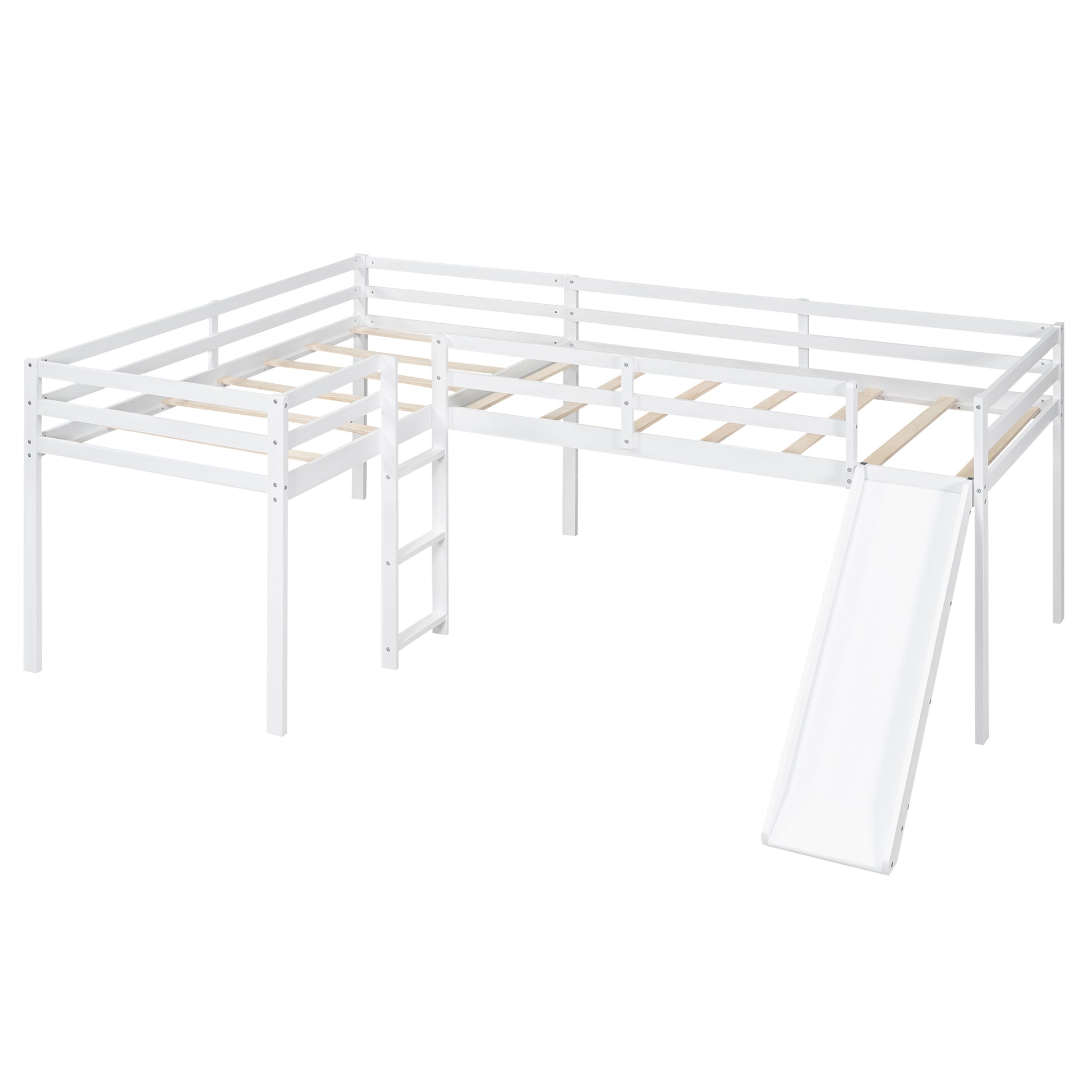 L Shaped Twin Size Loft Bed With Ladder And Slide, White White Solid Wood Mdf