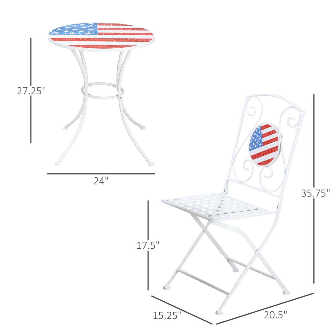 3 Piece Patio Bistro Set, Folding Outdoor Furniture With Usa Mosaic Table And Chairs, Portable Metal Frames For 4Th Of July, Balcony, Backyard, Poolside, Porch, American Flag White Metal