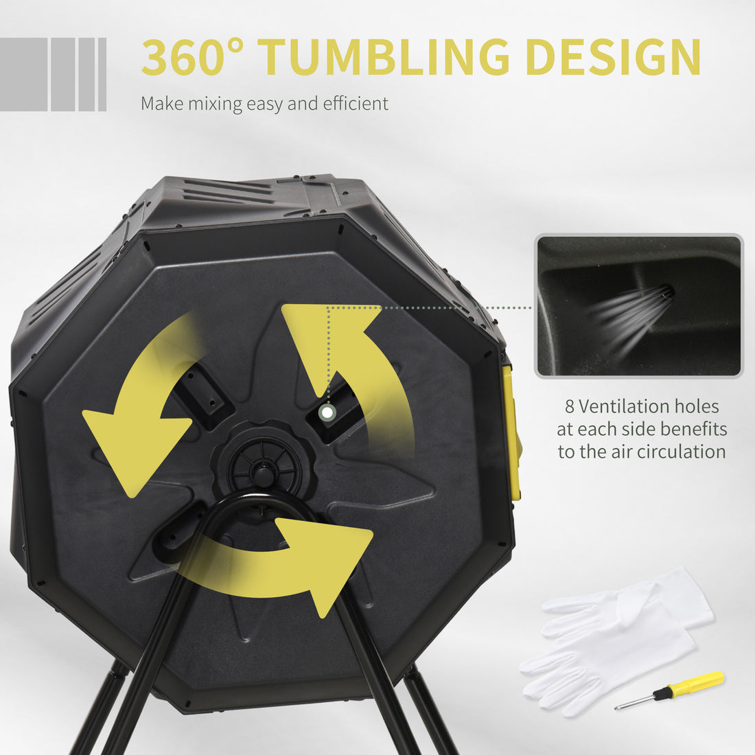 Tumbling Compost Bin Outdoor 360 Dual Rotating Composter 43 Gallon, Yellow Yellow Polypropylene
