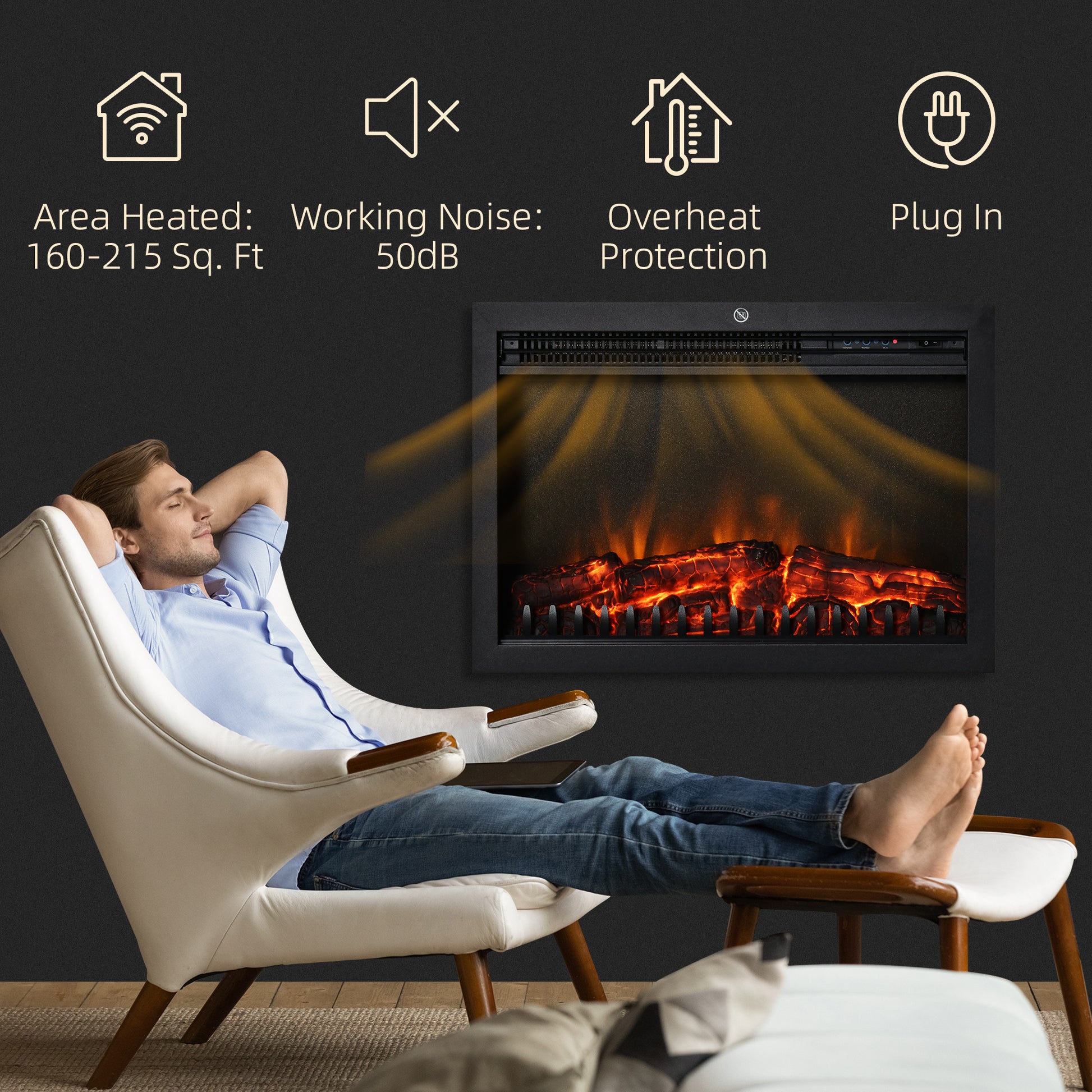 24" Electric Fireplace Insert, Retro Recessed Fireplace Heater With Realistic Flame, Remote Control And Adjustable Brightness, 750 1500W, Black Black Steel