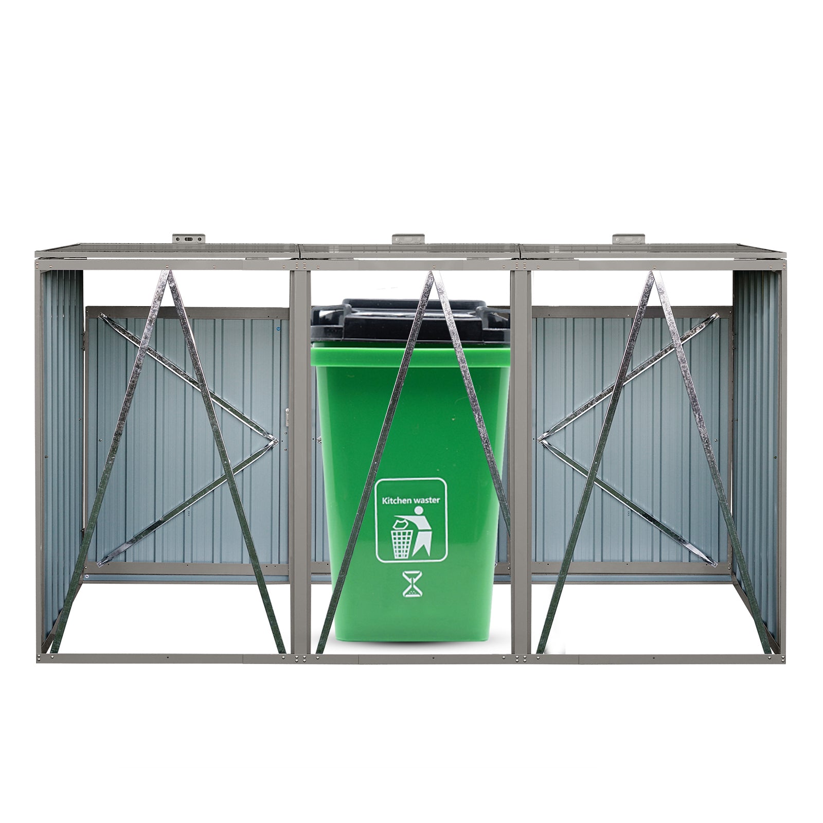 Garbage Bin Shed Stores 3 Trash Cans Metal Outdoor Bin Shed For Garbage Storage,Stainless Galvanized Steel, Bin Shed For Garden Yard Lawn,Grey Grey Iron