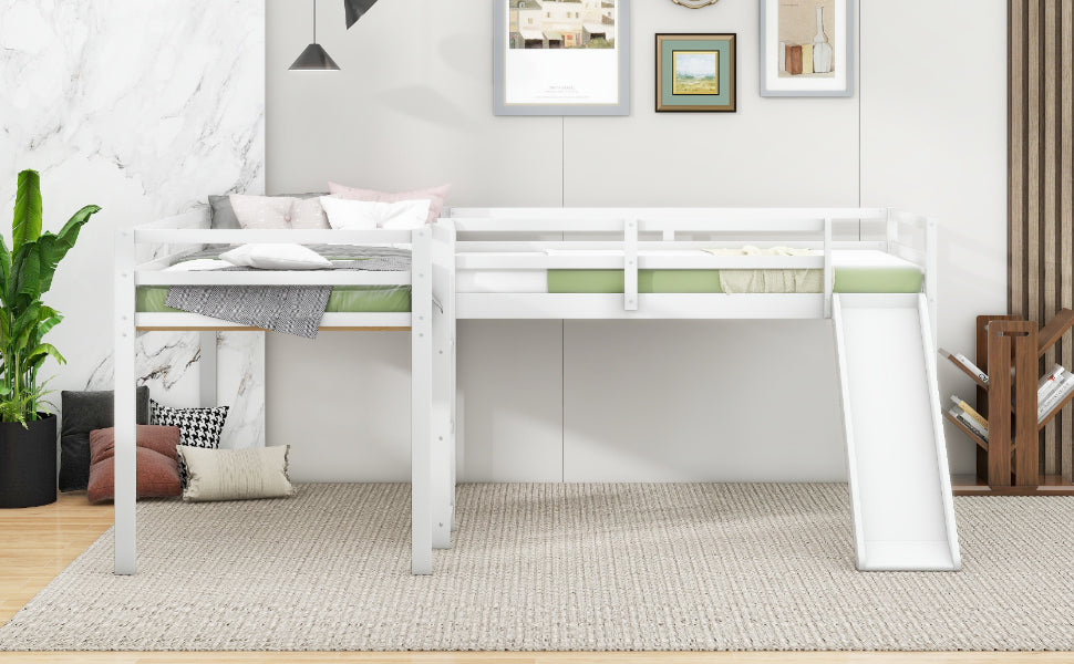 L Shaped Twin Size Loft Bed With Ladder And Slide, White White Solid Wood Mdf