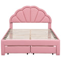 Full Size Upholstered Platform Bed With Seashell Shaped Headboard, Led And 2 Drawers, Pink Box Spring Not Required Full Pink Wood Bedroom Bed Frame Faux Leather Upholstered