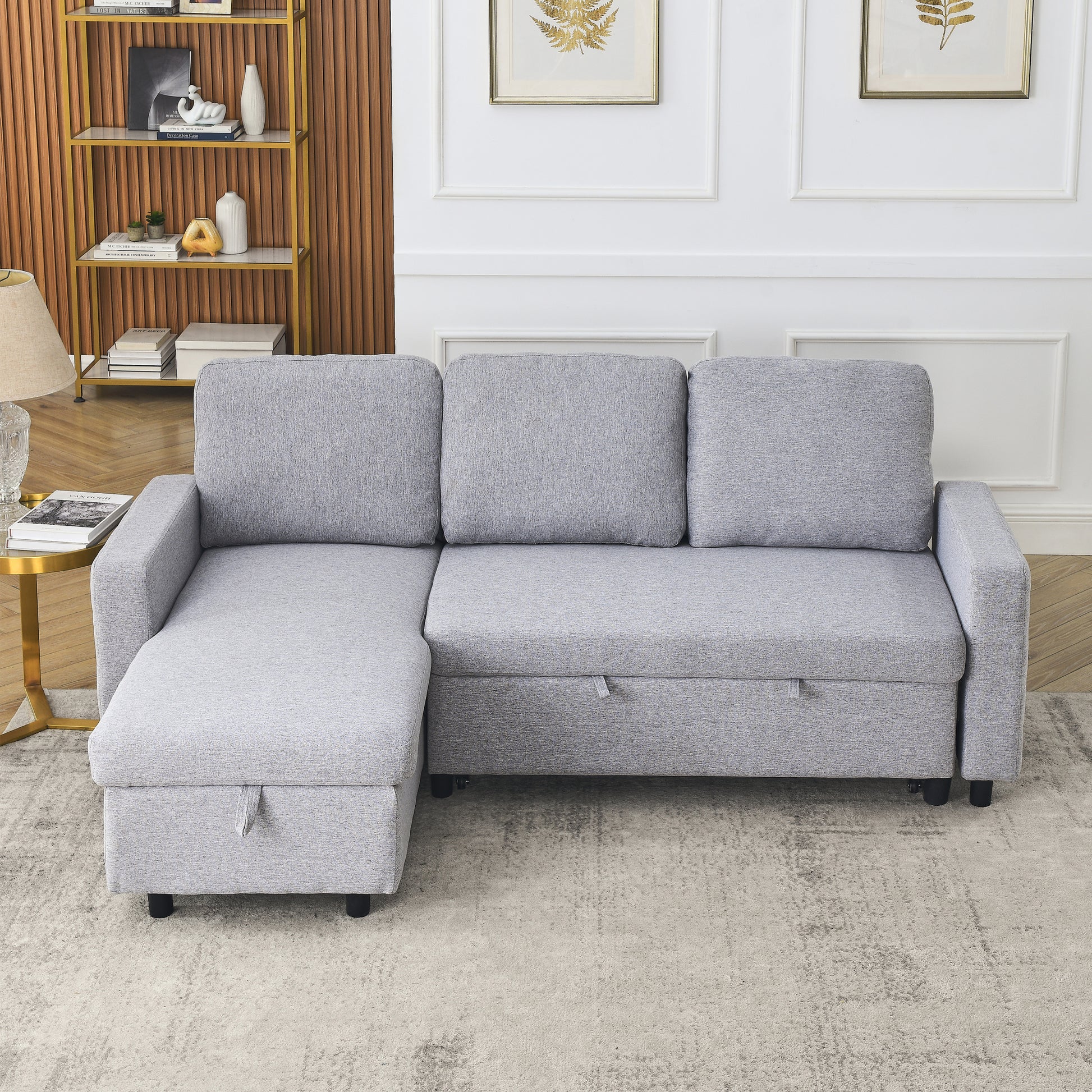 Fx 78.8" Reversible Sleeper Combo Sofa With Pullout Bed, Comfortable Linen L Shaped Combo Sofa Sofa Bed, Living Room Furniture Sets For Tight Spaces Light Gray Linen Wood Primary Living Space Foam Fabric 3 Seat