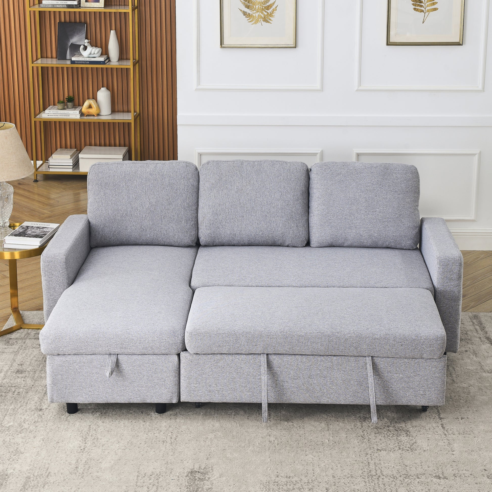 Fx 78.8" Reversible Sleeper Combo Sofa With Pullout Bed, Comfortable Linen L Shaped Combo Sofa Sofa Bed, Living Room Furniture Sets For Tight Spaces Light Gray Linen Wood Primary Living Space Foam Fabric 3 Seat