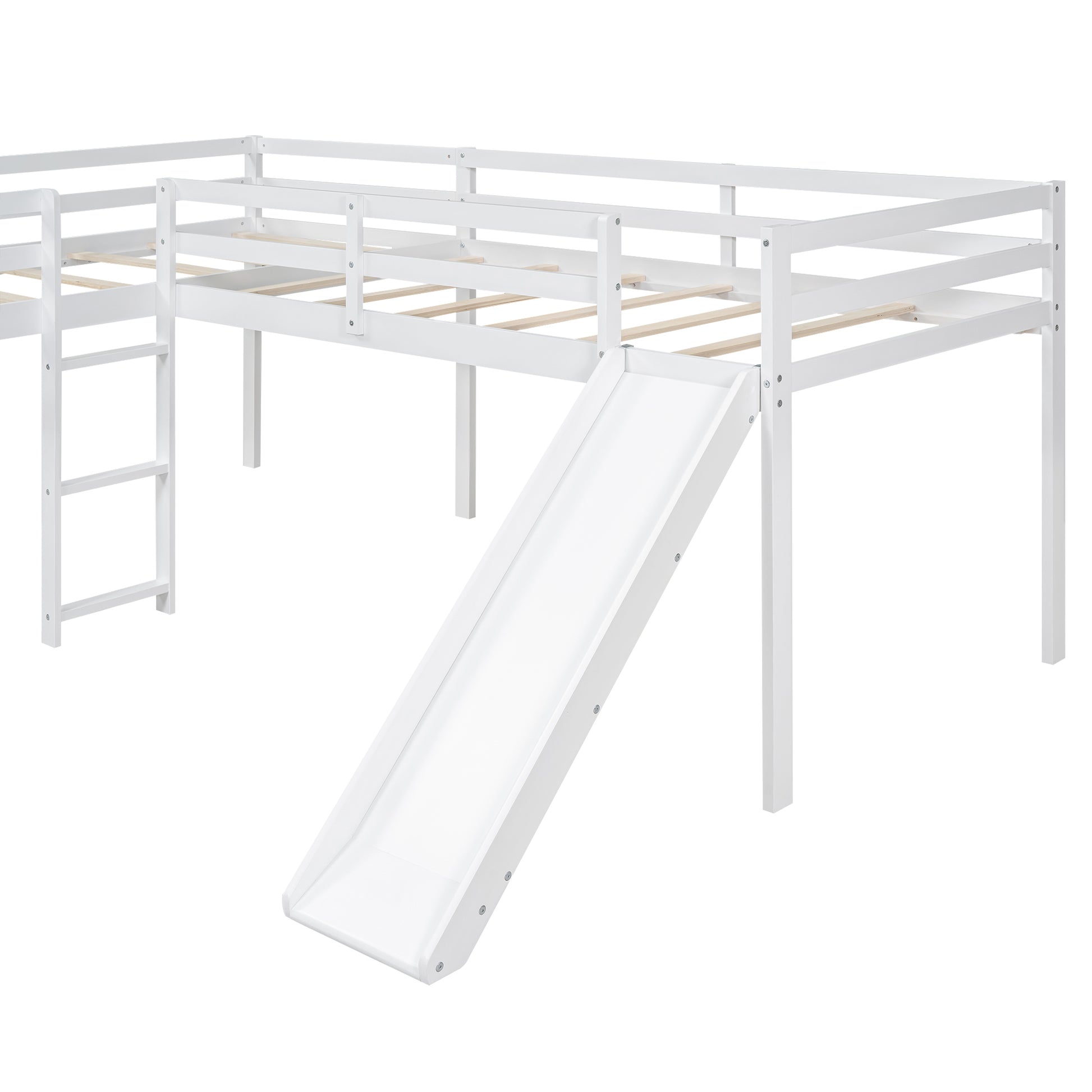 L Shaped Twin Size Loft Bed With Ladder And Slide, White White Solid Wood Mdf