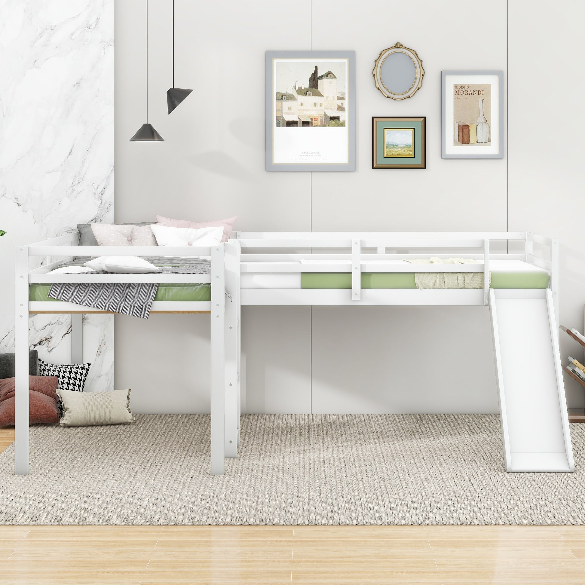 L Shaped Twin Size Loft Bed With Ladder And Slide, White White Solid Wood Mdf