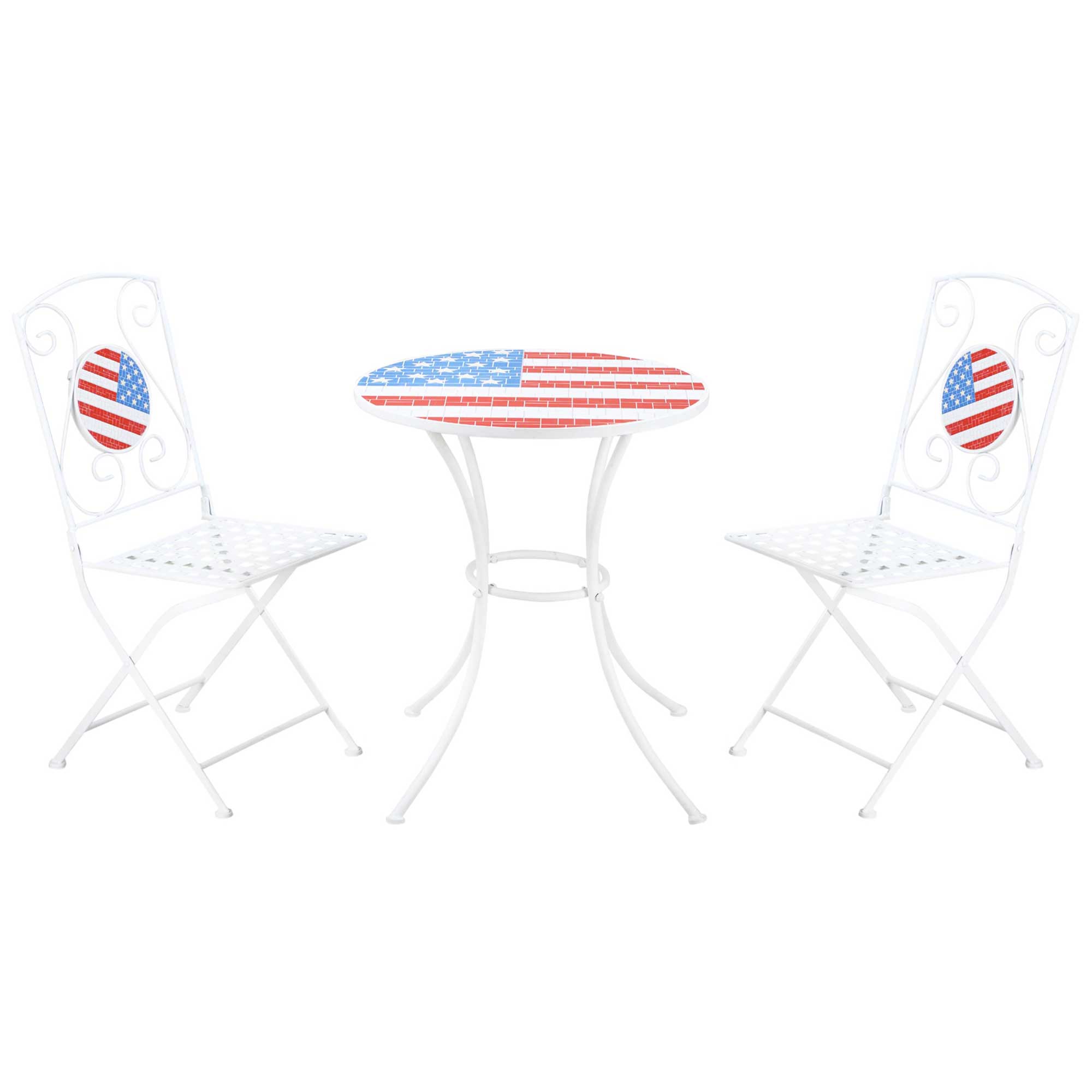 3 Piece Patio Bistro Set, Folding Outdoor Furniture With Usa Mosaic Table And Chairs, Portable Metal Frames For 4Th Of July, Balcony, Backyard, Poolside, Porch, American Flag White Metal