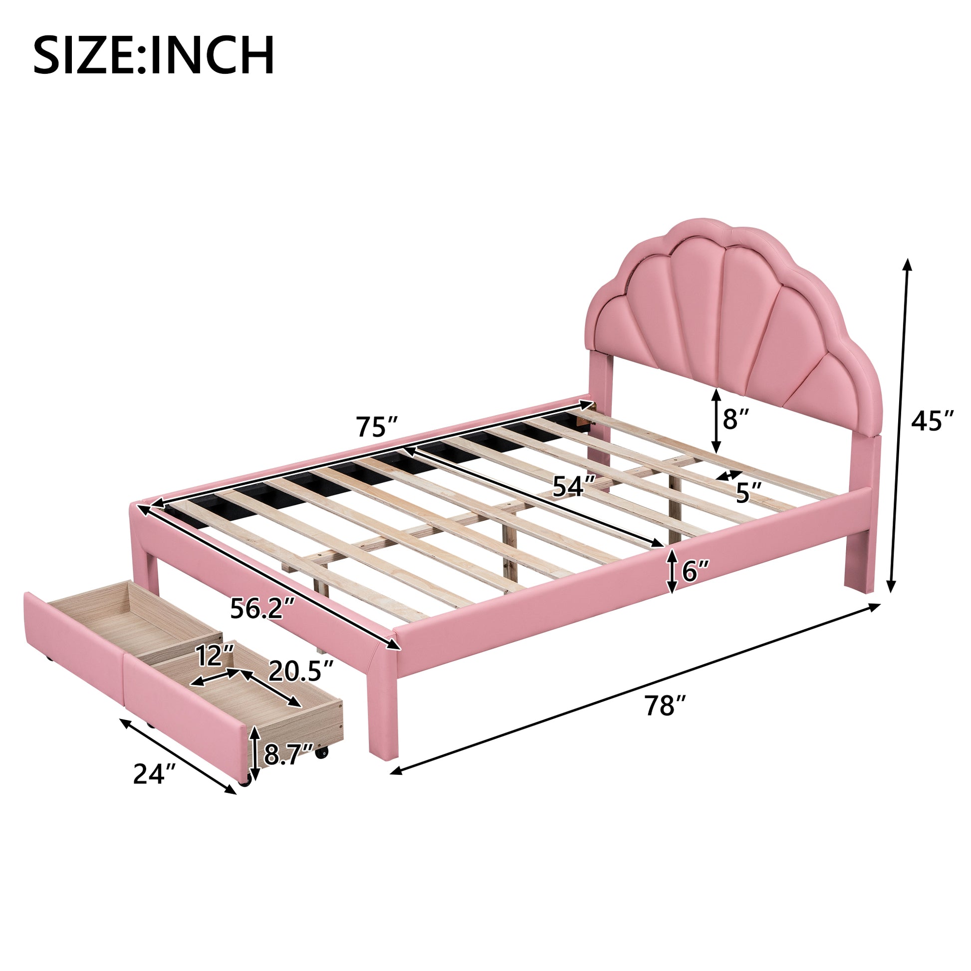Full Size Upholstered Platform Bed With Seashell Shaped Headboard, Led And 2 Drawers, Pink Box Spring Not Required Full Pink Wood Bedroom Bed Frame Faux Leather Upholstered