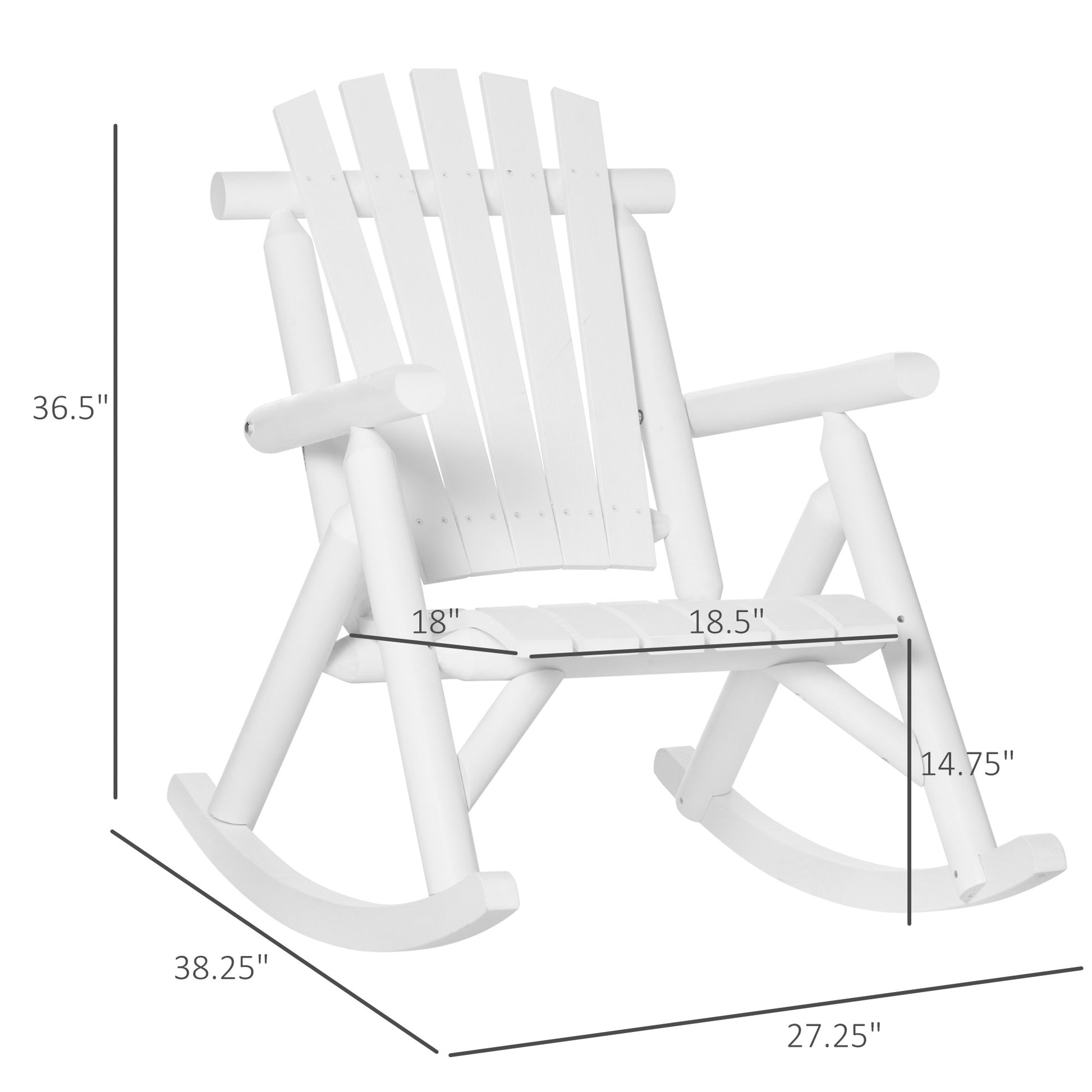 Outdoor Wooden Rocking Chair, Rustic Adirondack Rocker With Slatted Seat, High Backrest, Armrests For Patio, Garden, And Porch, Large, White White Wood