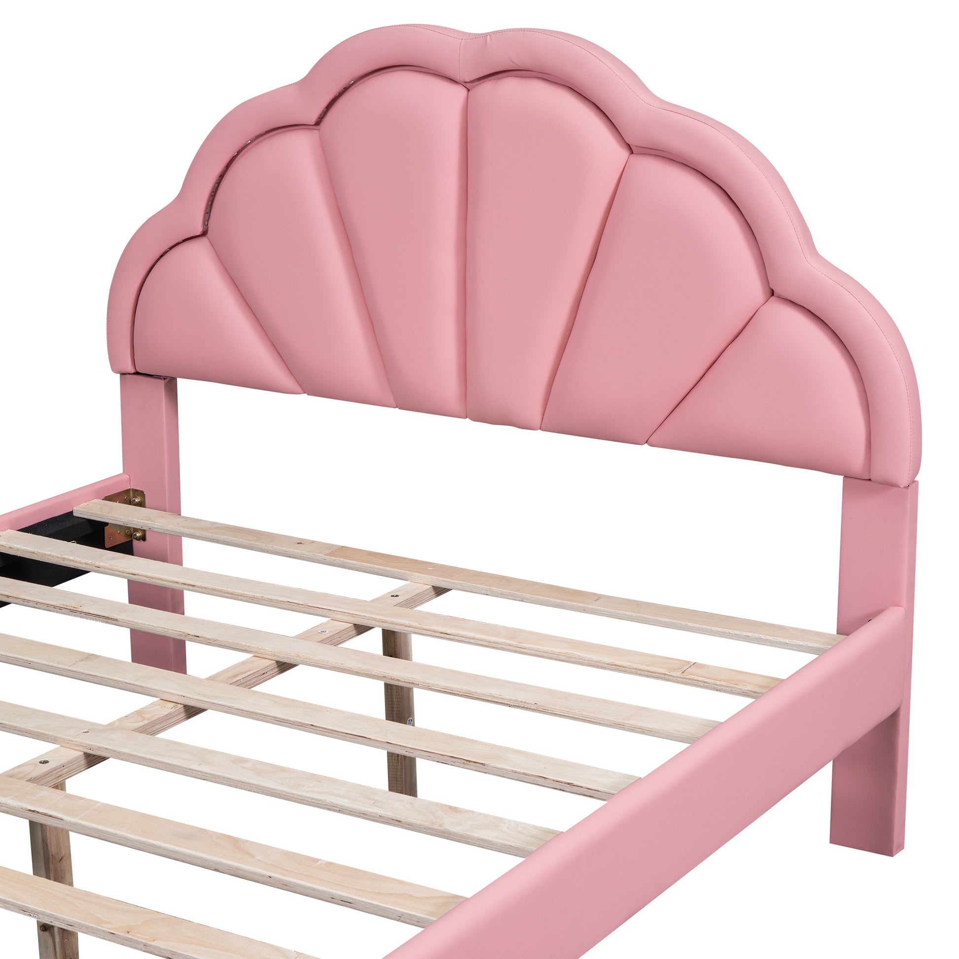 Full Size Upholstered Platform Bed With Seashell Shaped Headboard, Led And 2 Drawers, Pink Box Spring Not Required Full Pink Wood Bedroom Bed Frame Faux Leather Upholstered