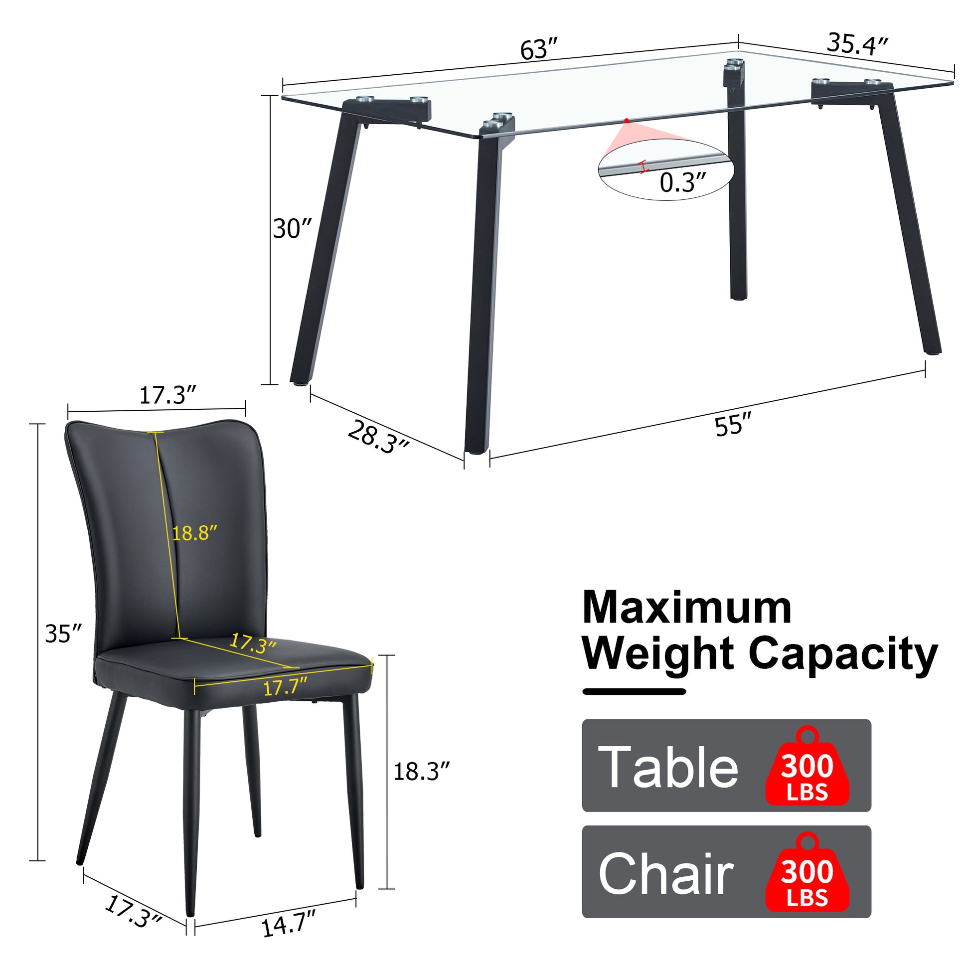 Table And Chair Set. 1 Table And 4 Black Chairs. Glass Dining Table With 0.31 Inch Tempered Glass Tabletop And Black Coated Metal Legs. Equipped With Black Pu Chairs 1123 008 Transparent Glass