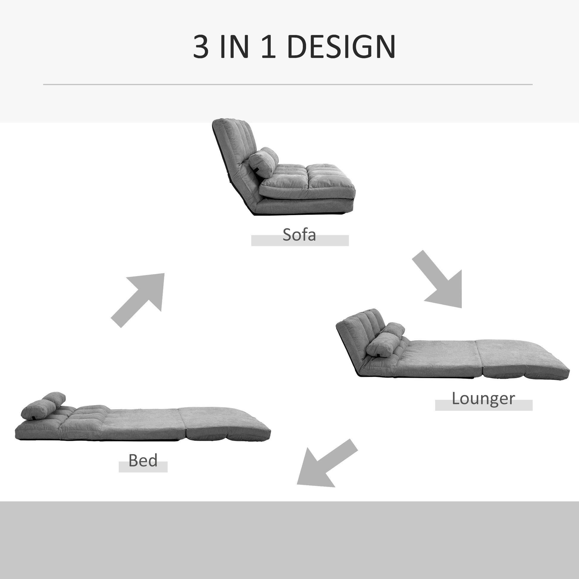 Convertible Floor Sofa Chair, Folding Couch Bed, Guest Chaise Lounge With 2 Pillows, Adjustable Backrest And Headrest, Dark Gray Dark Gray Polyester