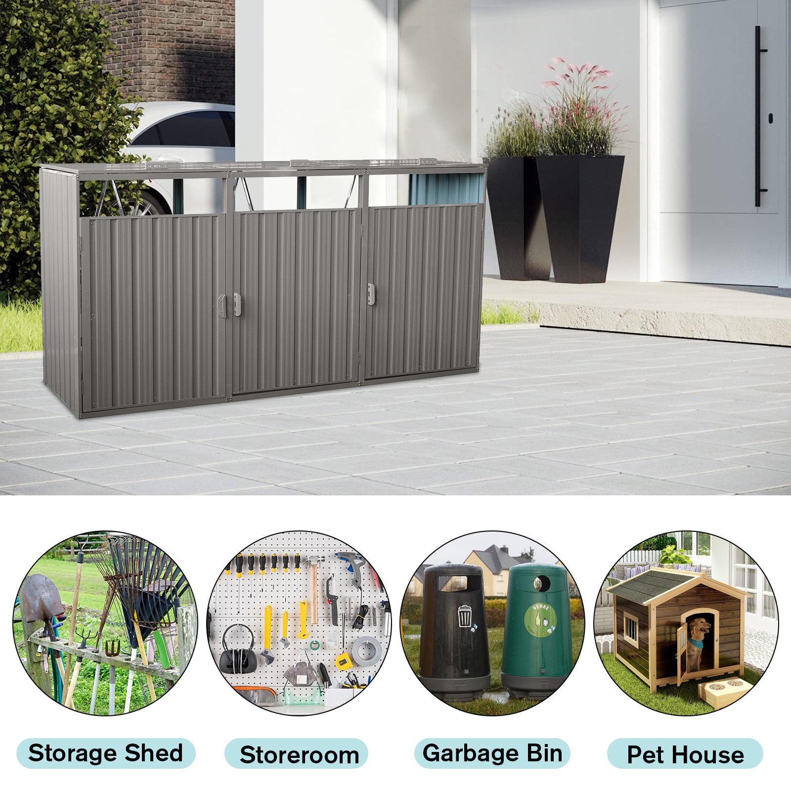 Garbage Bin Shed Stores 3 Trash Cans Metal Outdoor Bin Shed For Garbage Storage,Stainless Galvanized Steel, Bin Shed For Garden Yard Lawn,Grey Grey Iron