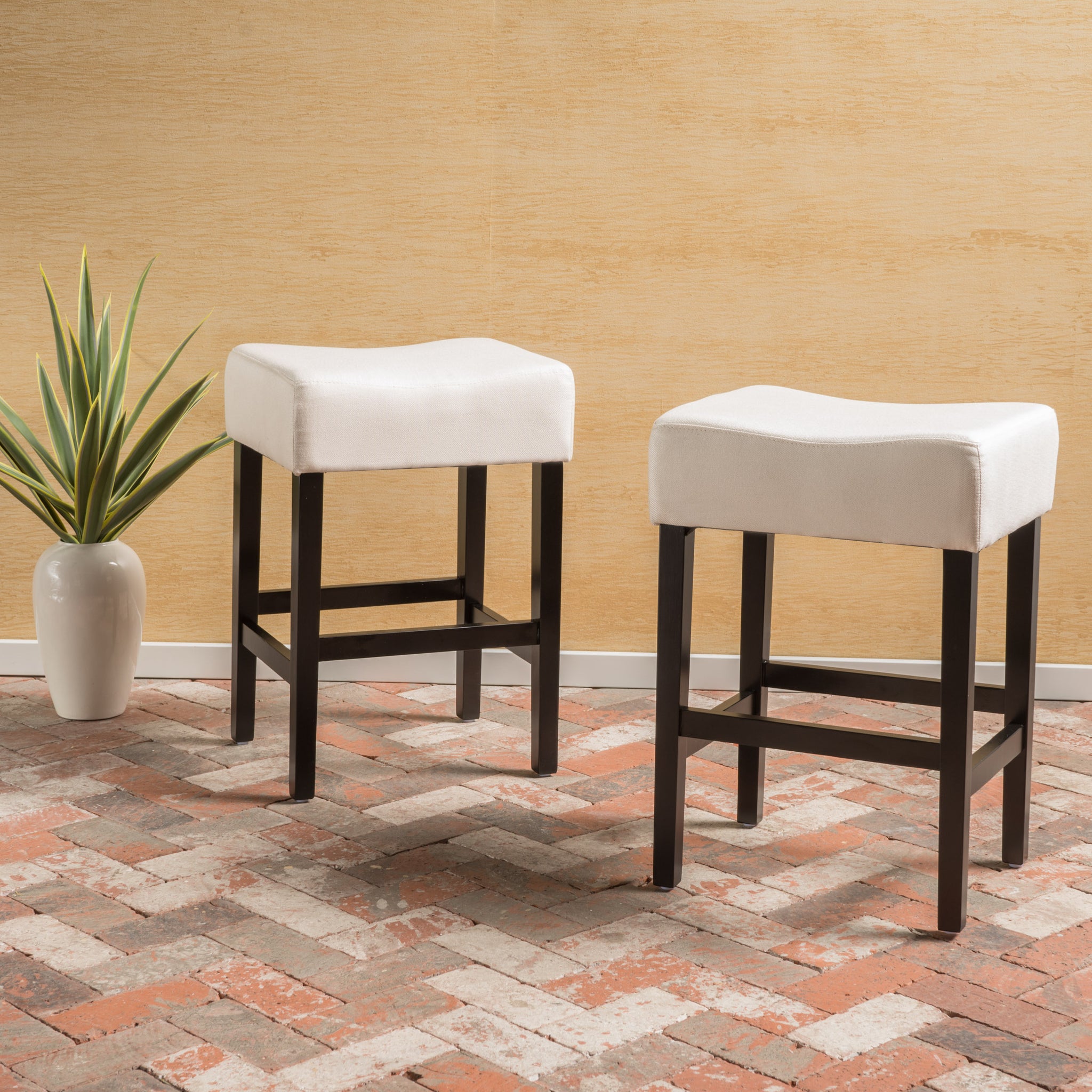 Set Of 2, 26.75" Backless Leather Counter Height Barstool, Beige Beige Fabric