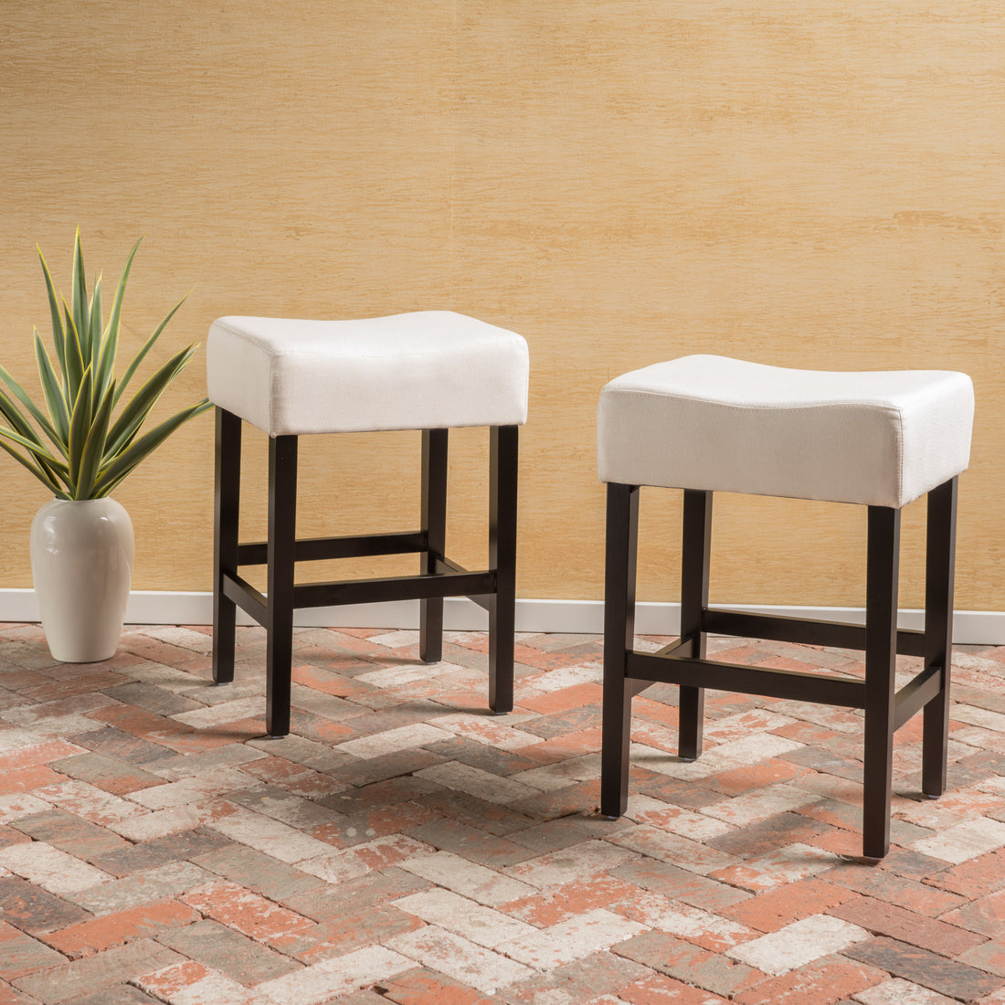 Set Of 2, 26.75" Backless Leather Counter Height Barstool, Beige Beige Fabric