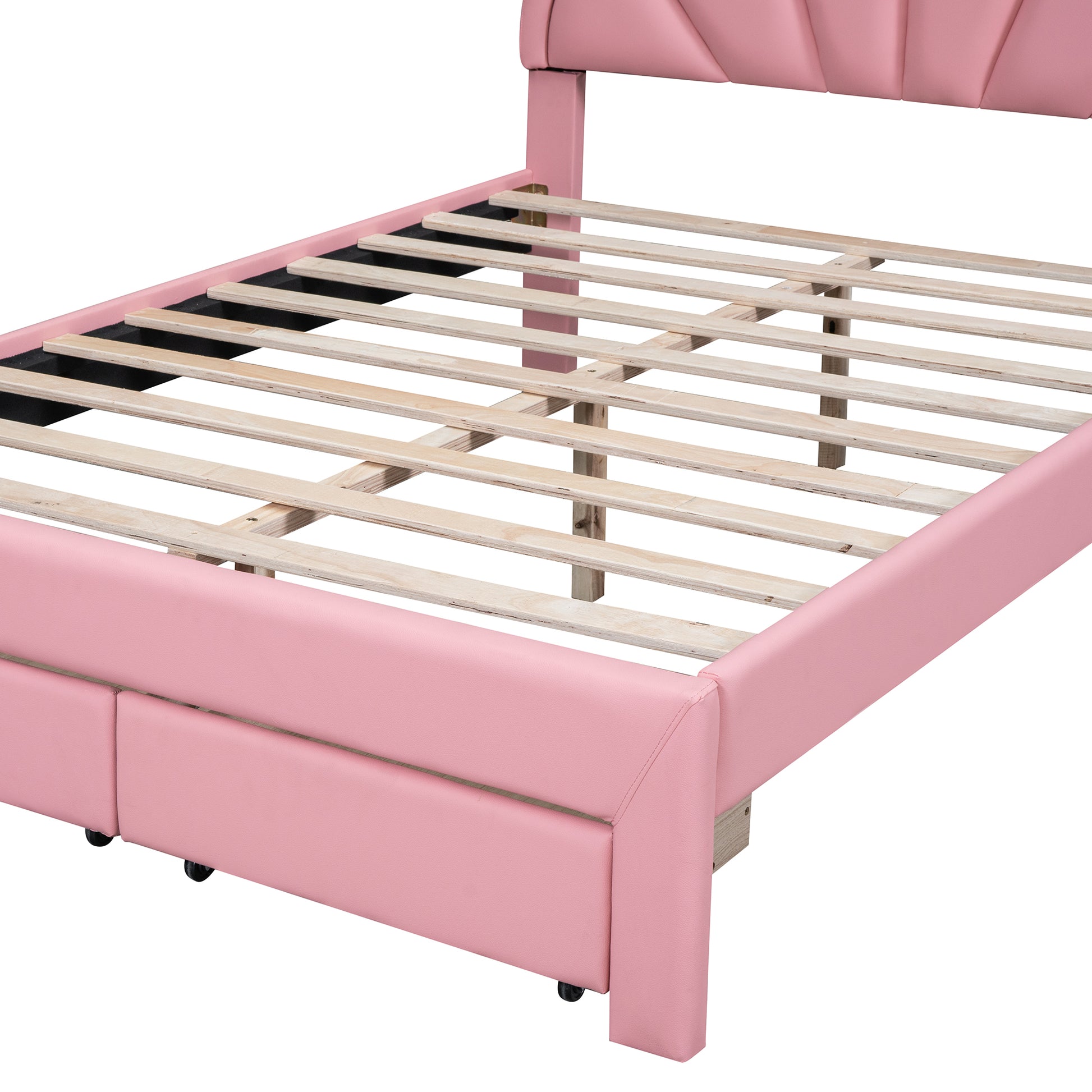 Full Size Upholstered Platform Bed With Seashell Shaped Headboard, Led And 2 Drawers, Pink Box Spring Not Required Full Pink Wood Bedroom Bed Frame Faux Leather Upholstered