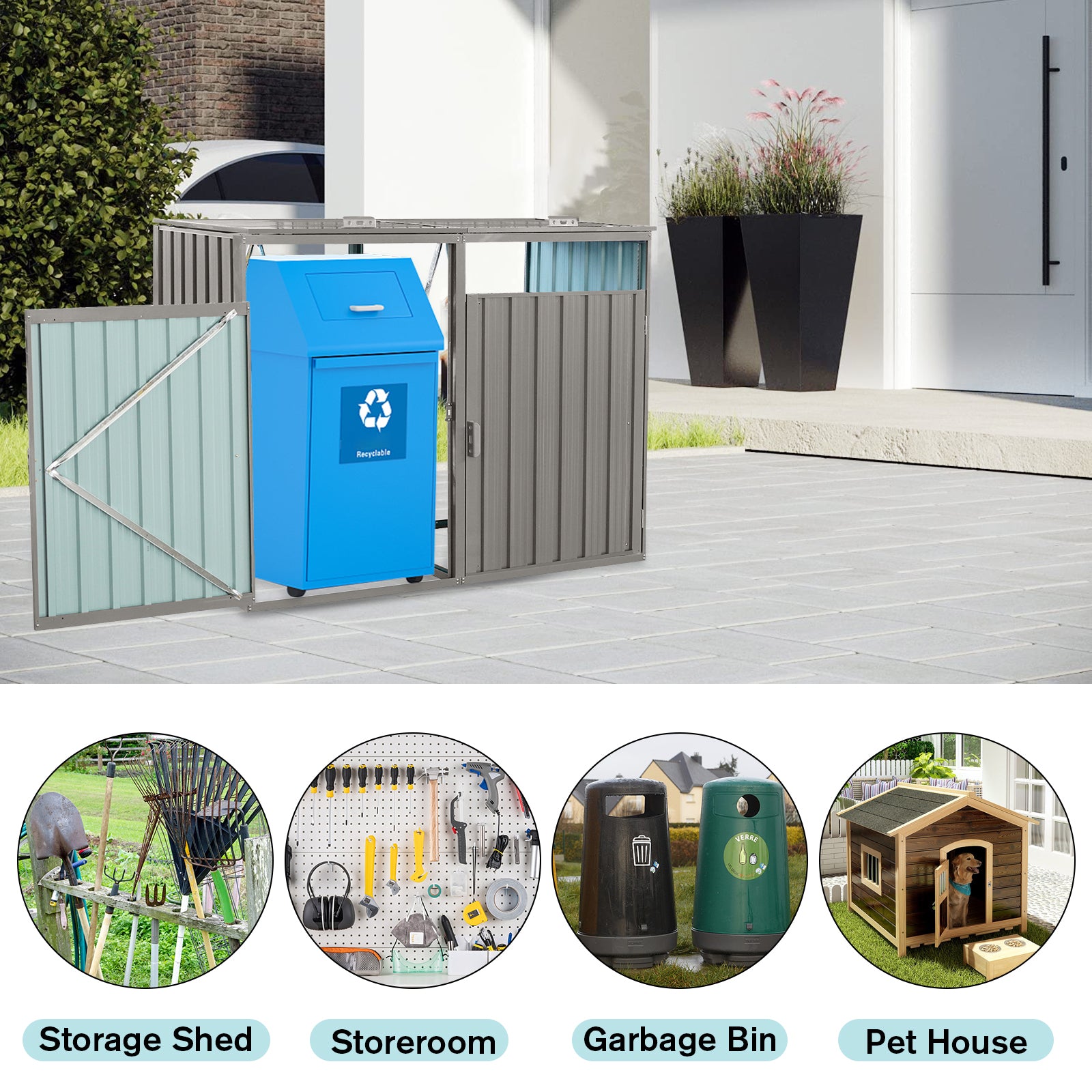 Garbage Bin Shed Stores 2 Trash Cans Metal Outdoor Bin Shed For Garbage Storage,Stainless Galvanized Steel, Bin Shed For Garden Yard Lawn,Grey Grey Iron