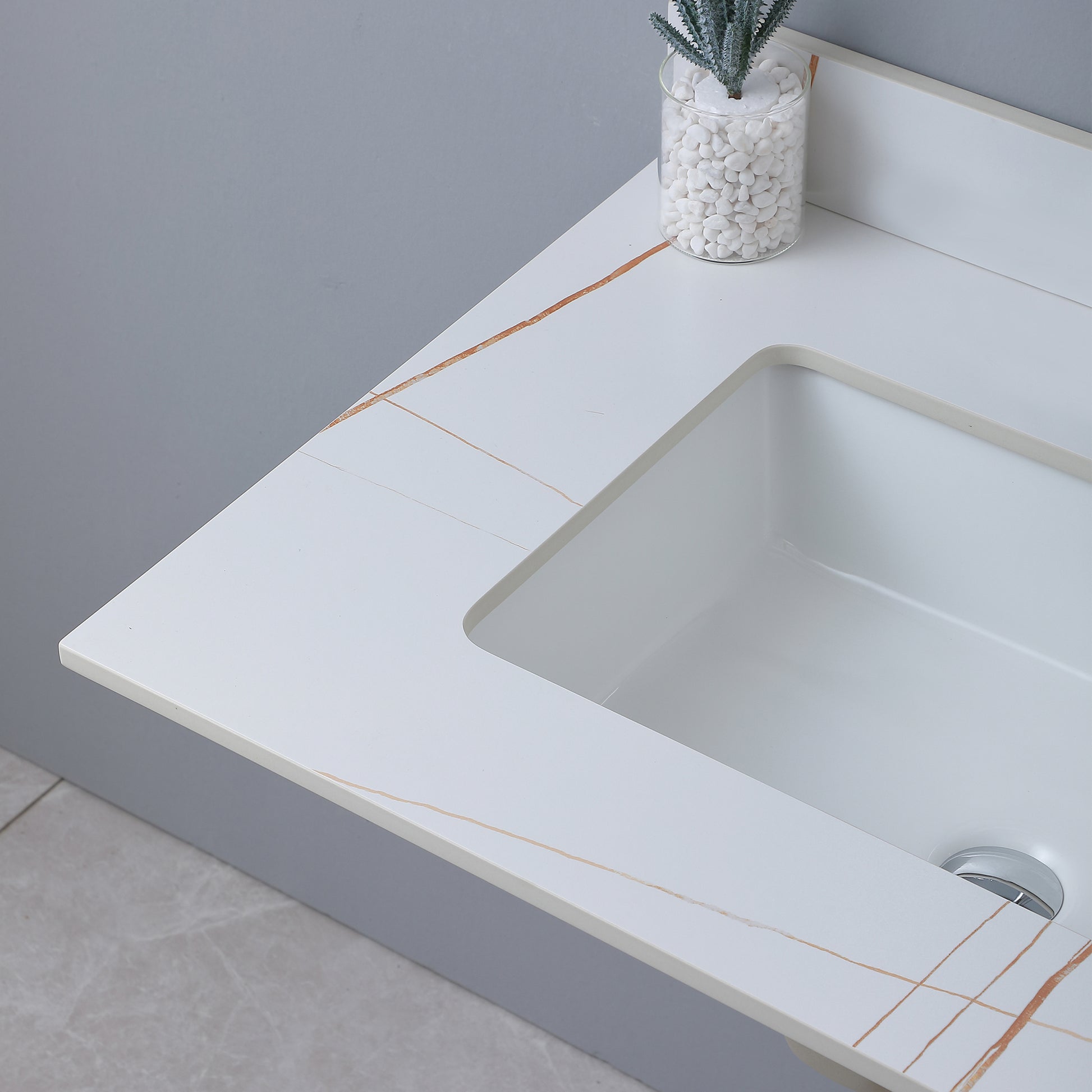31Inchsintered Stone Bathroom Vanity Top White Gold Color With Undermount Ceramic Sink And Single Faucet Hole With Backsplash White Sintered Stone