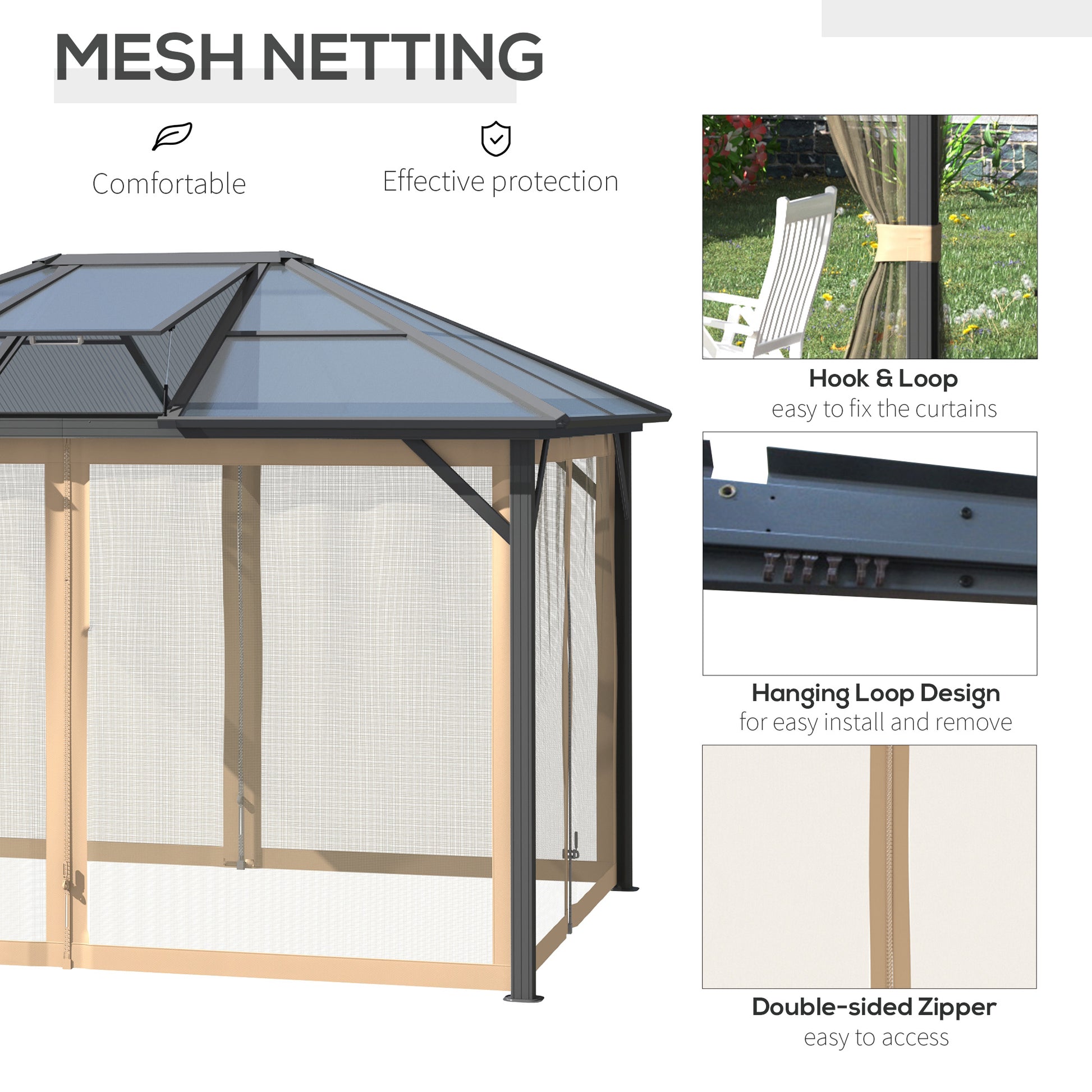10' X 12' Hardtop Gazebo Canopy With Polycarbonate Roof, Top Vent And Aluminum Frame, Permanent Pavilion Outdoor Gazebo With Netting, For Patio, Garden, Backyard, Deck, Lawn Gray Metal