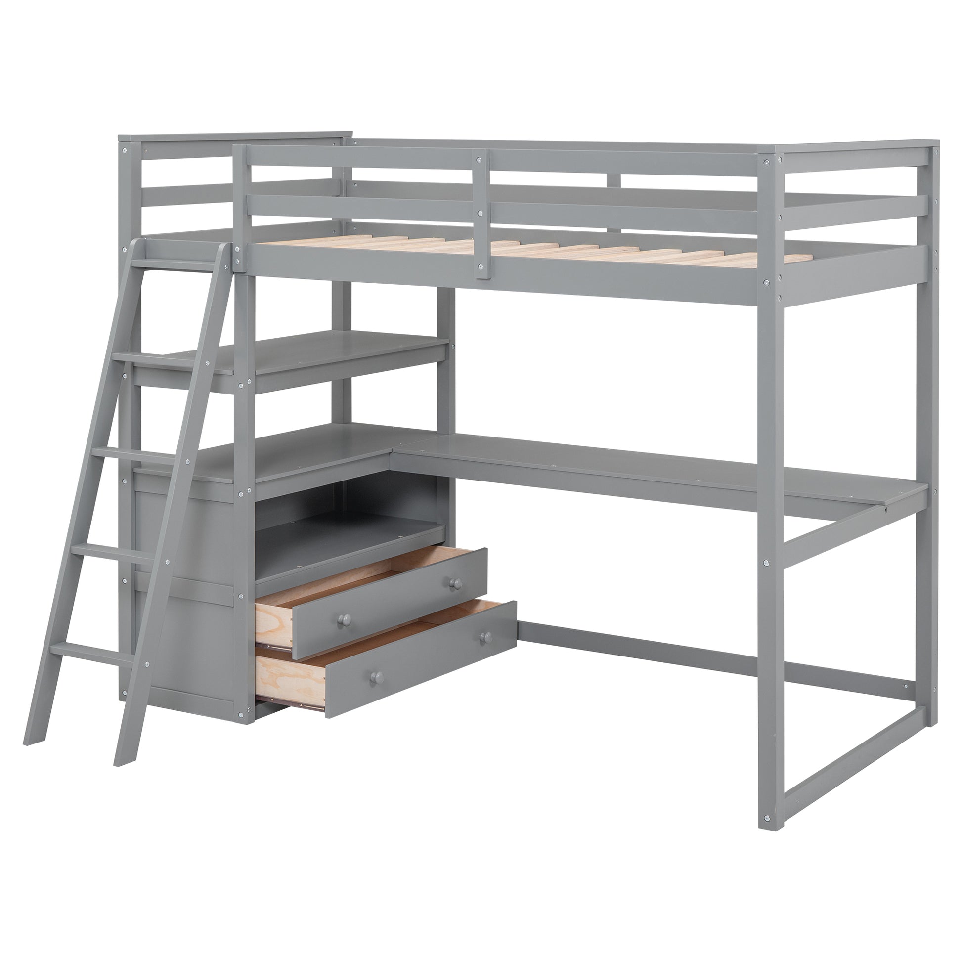 Twin Size Loft Bed With Desk And Shelves, Two Built In Drawers, Gray Old Sku: Gx000423Aae Box Spring Not Required Twin Gray Wood Bedroom Pine